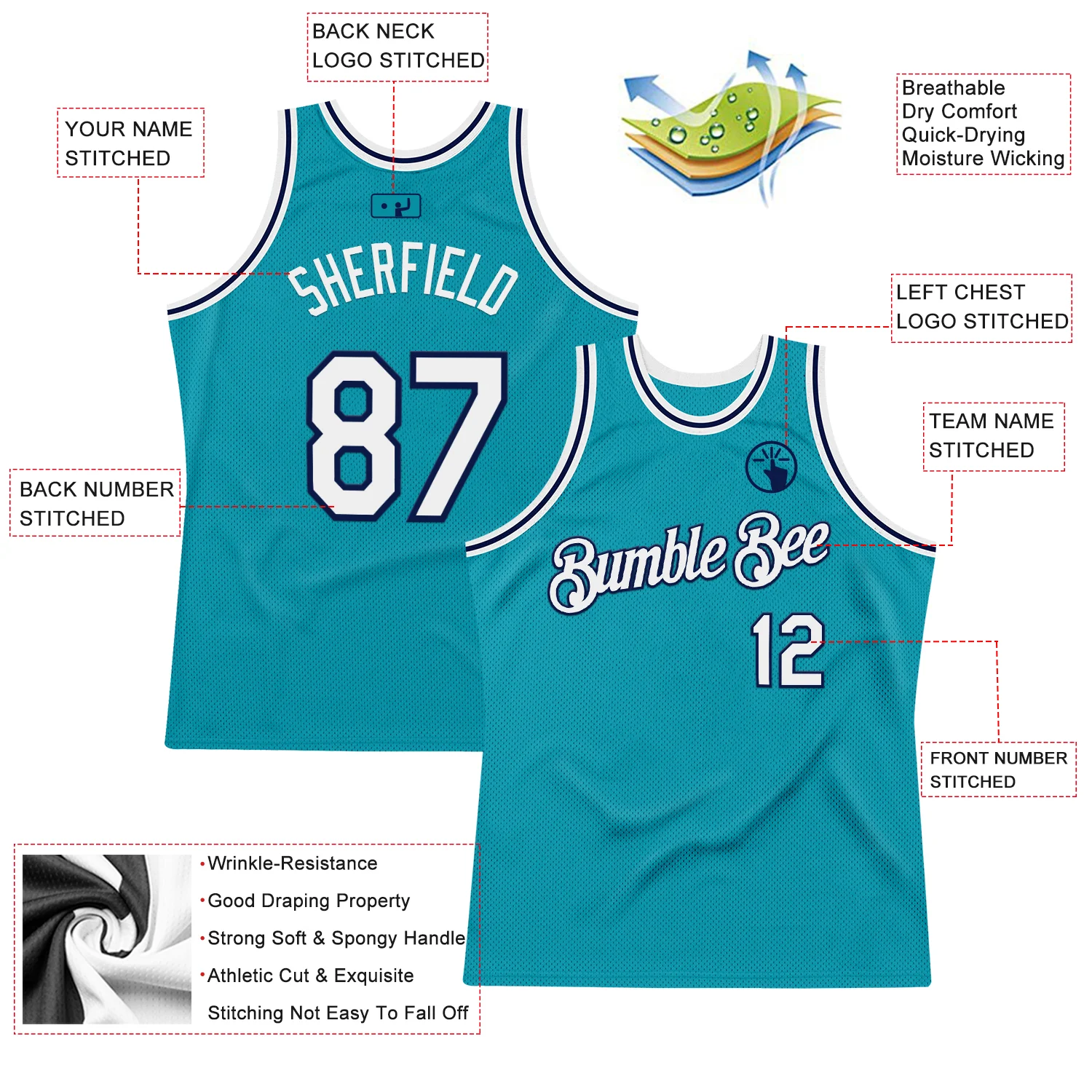Custom Teal White-Navy Authentic Throwback Basketball Jersey