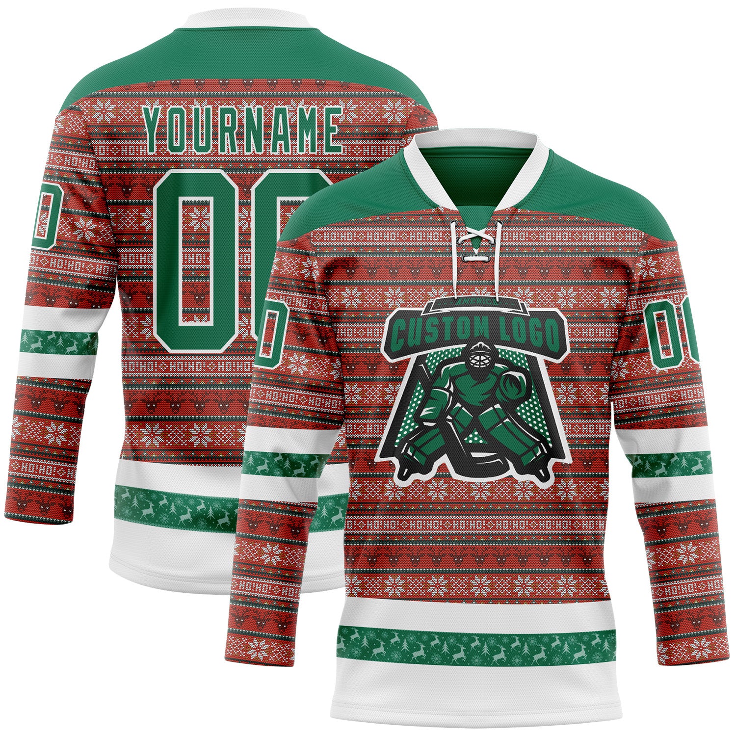 Custom Red Kelly Green-White 3D Christmas Ugly Sweater Hockey Lace Neck Jersey