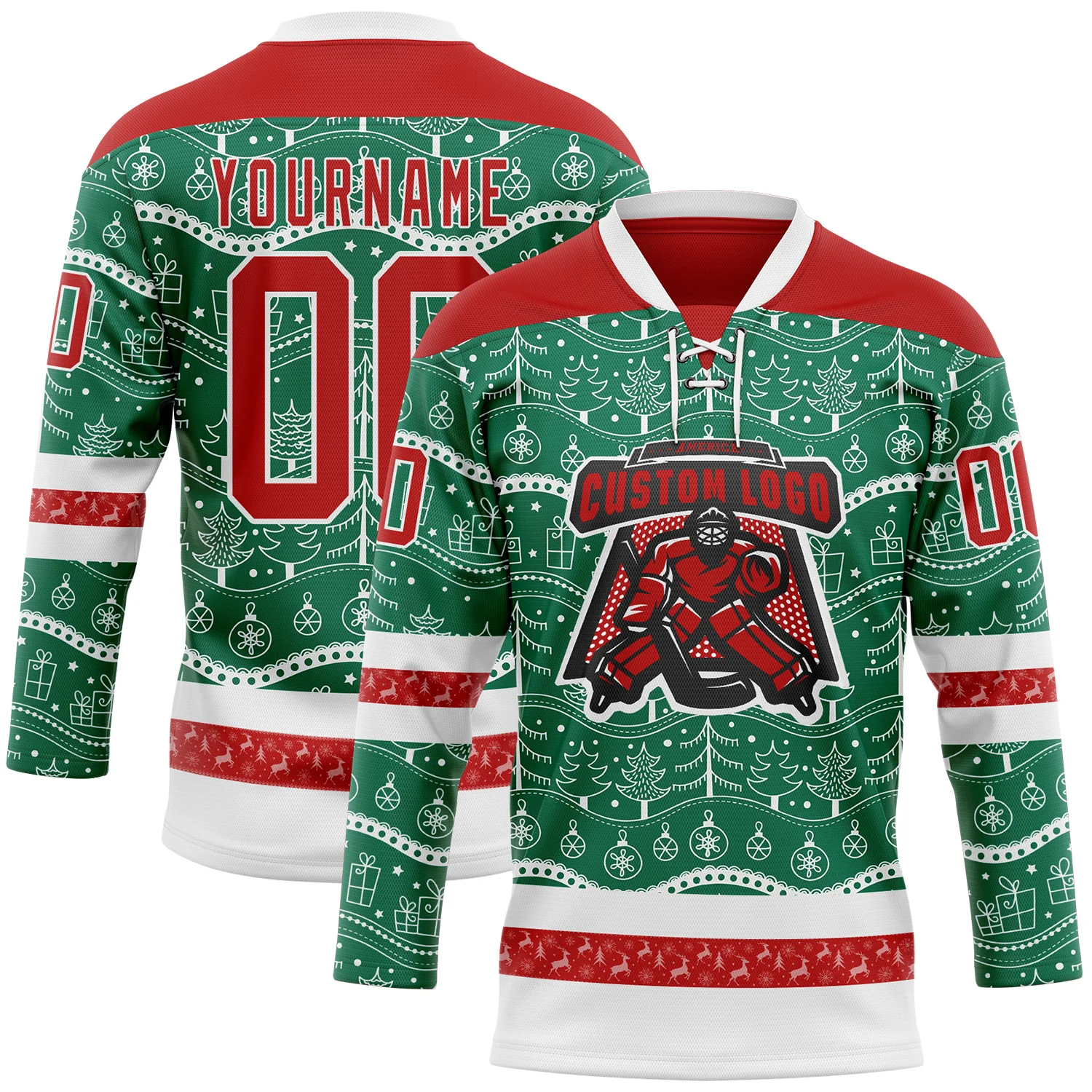 Custom Kelly Green Red-White 3D Christmas Hockey Lace Neck Jersey