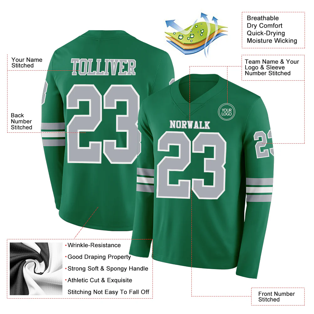 Custom Kelly Green Gray-White Long Sleeve Authentic Football Jersey