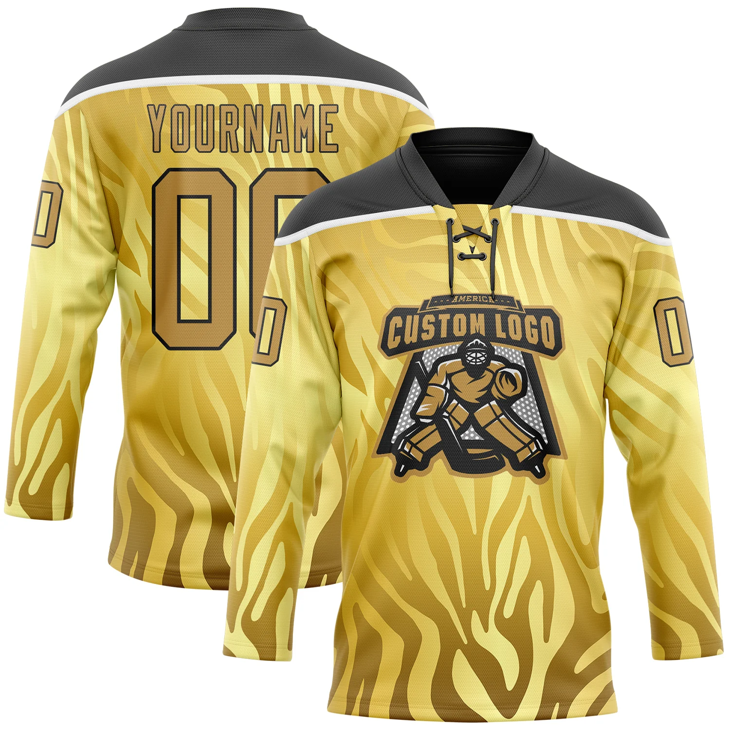 Custom Yellow Old Gold Black-White 3D Pattern Zebra Print Hockey Lace Neck Jersey