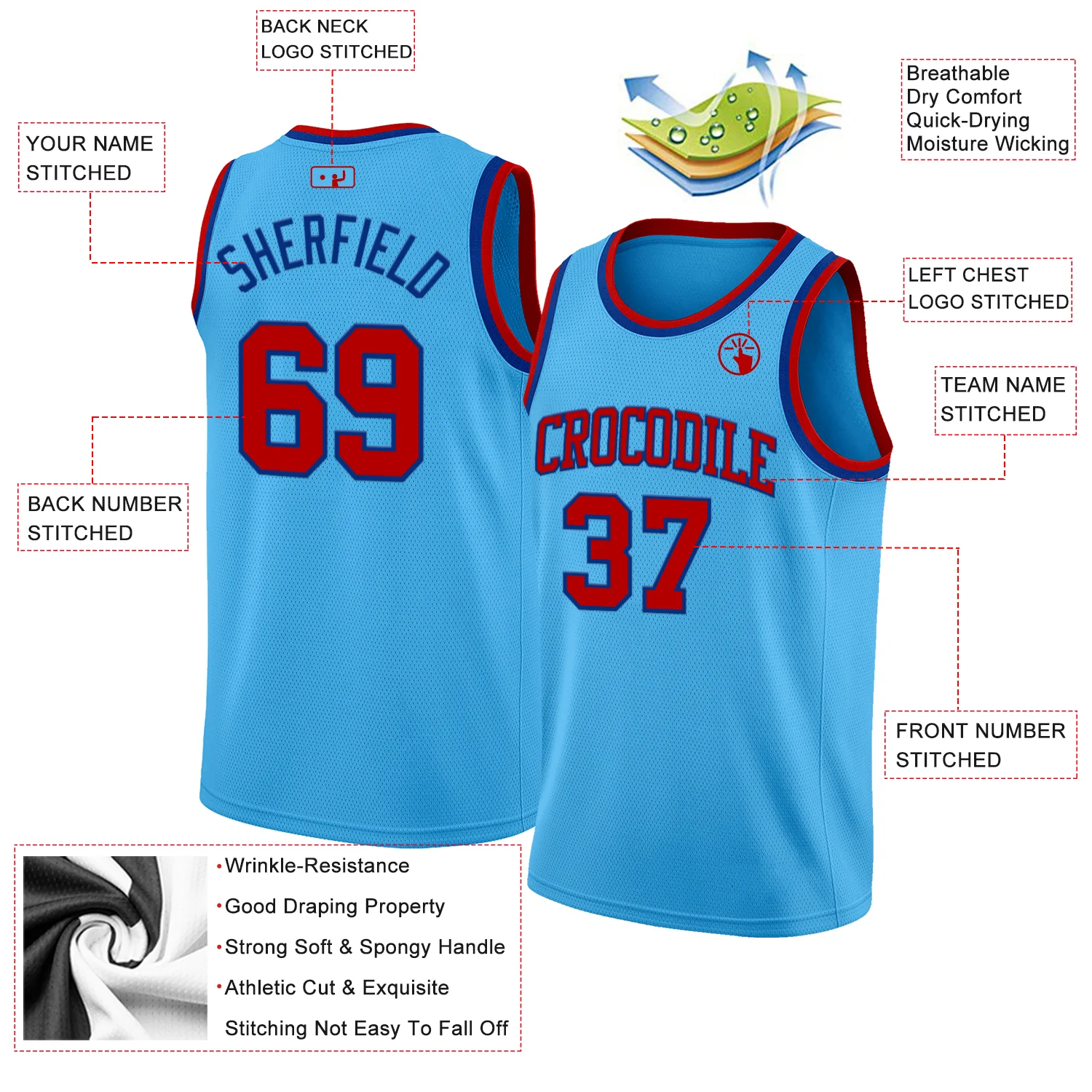 Custom Sky Blue Red-Royal Authentic Basketball Jersey