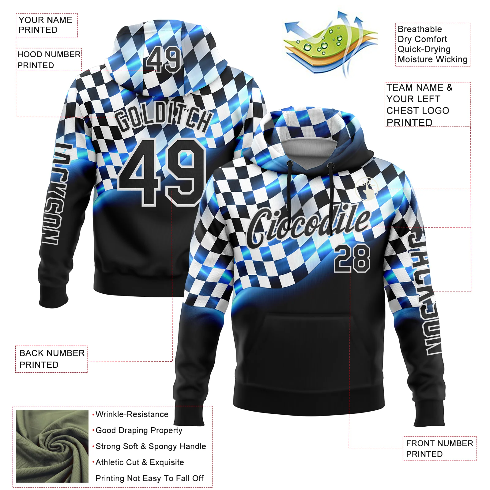 Custom Black Blue-White 3D Pattern Design Formula Auto Car Racing Motorsport Sports Pullover Sweatshirt Hoodie