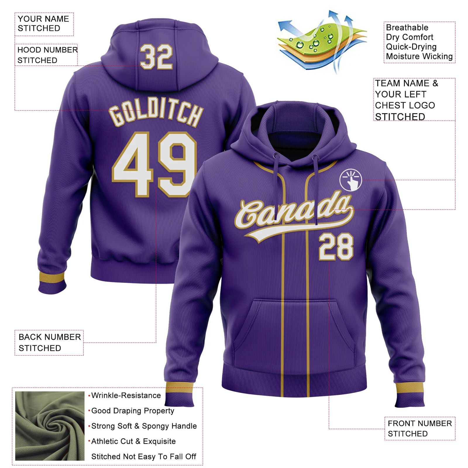 Custom Stitched Purple White-Old Gold Baseball Pullover Sweatshirt Hoodie