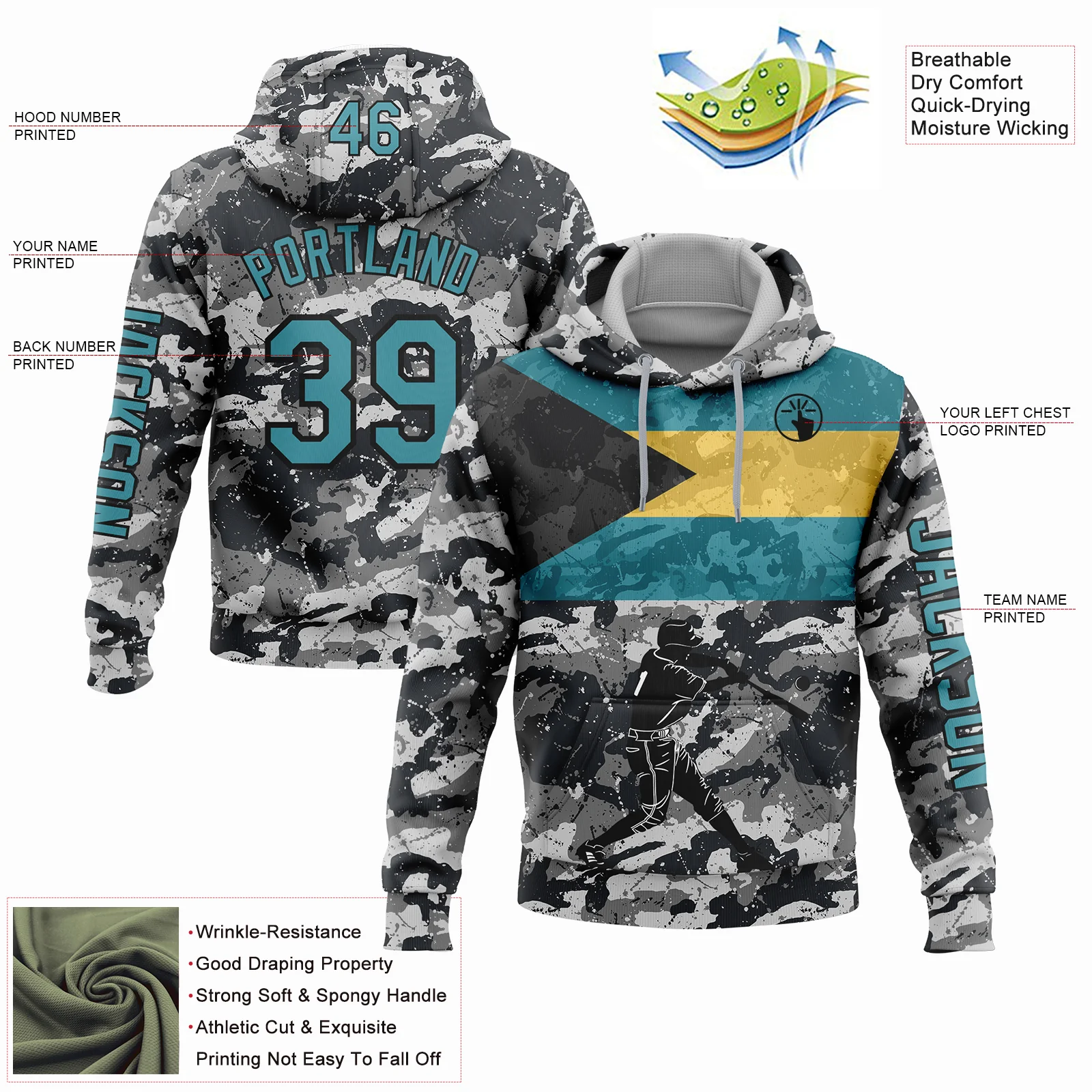 Custom Camo Teal-Black 3D Bahamas Bahamian Flag Sports Pullover Sweatshirt Salute To Service Hoodie