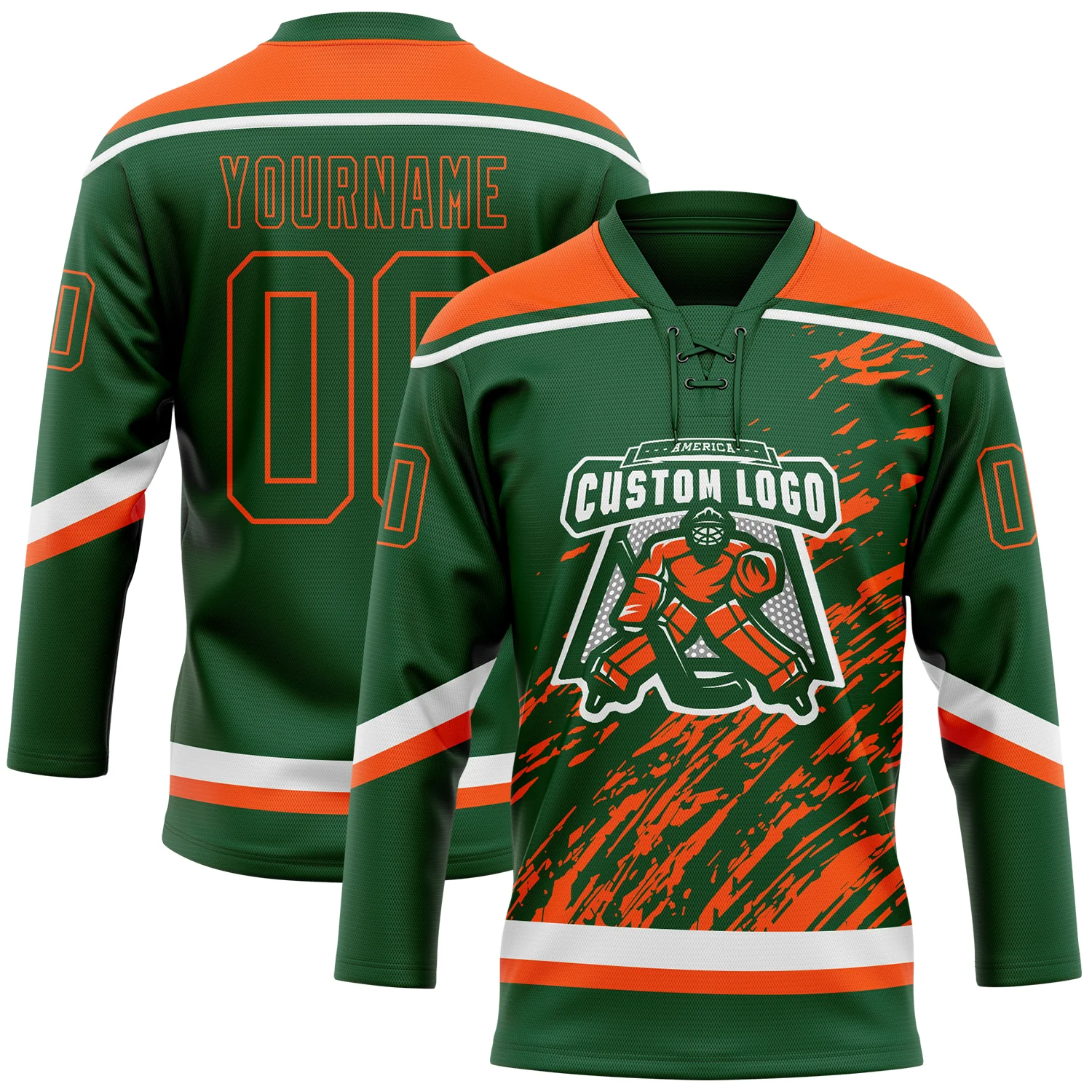 Custom Green Orange-White 3D Splash Art Hockey Lace Neck Jersey