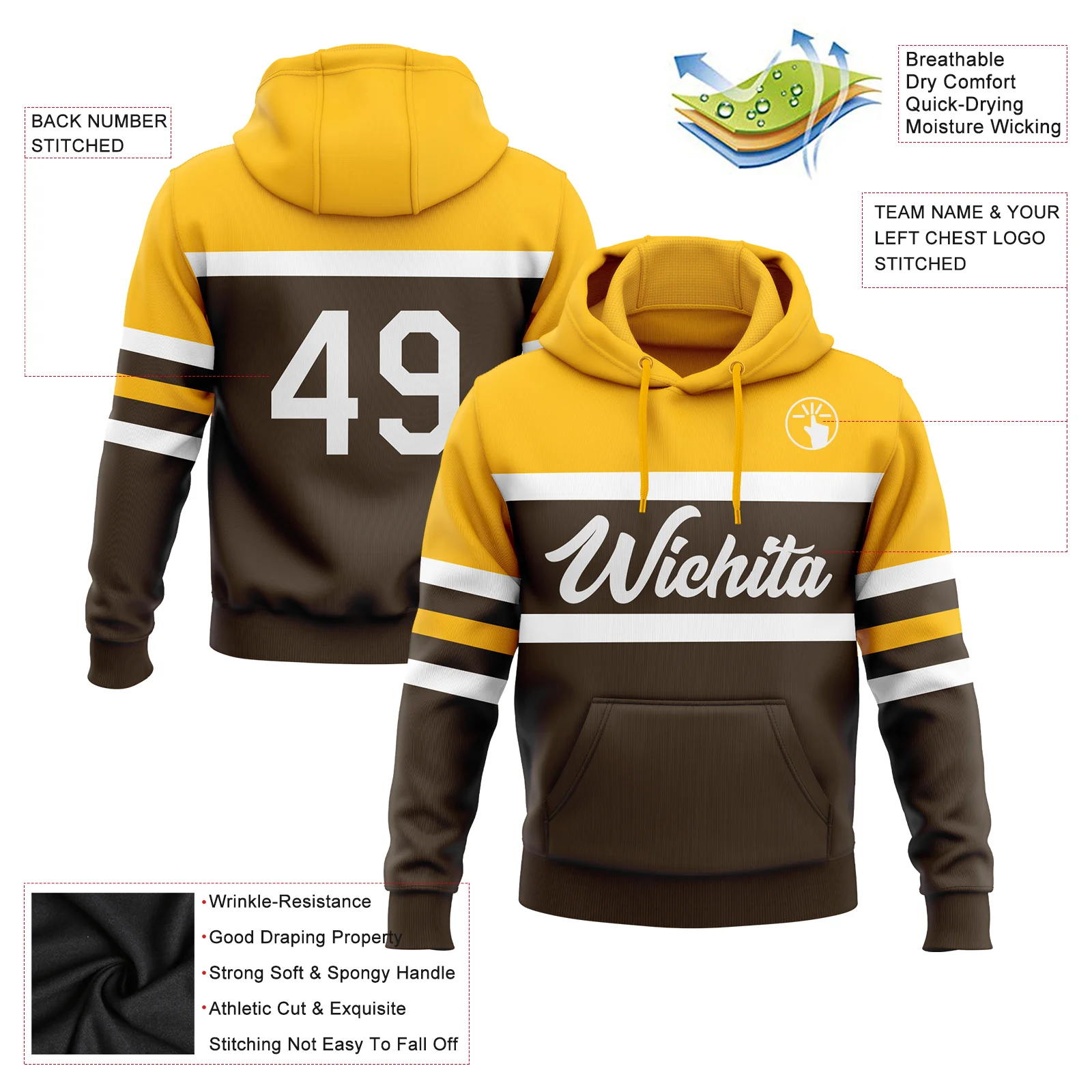 Custom Stitched Brown White-Gold Line Sports Pullover Sweatshirt Hoodie