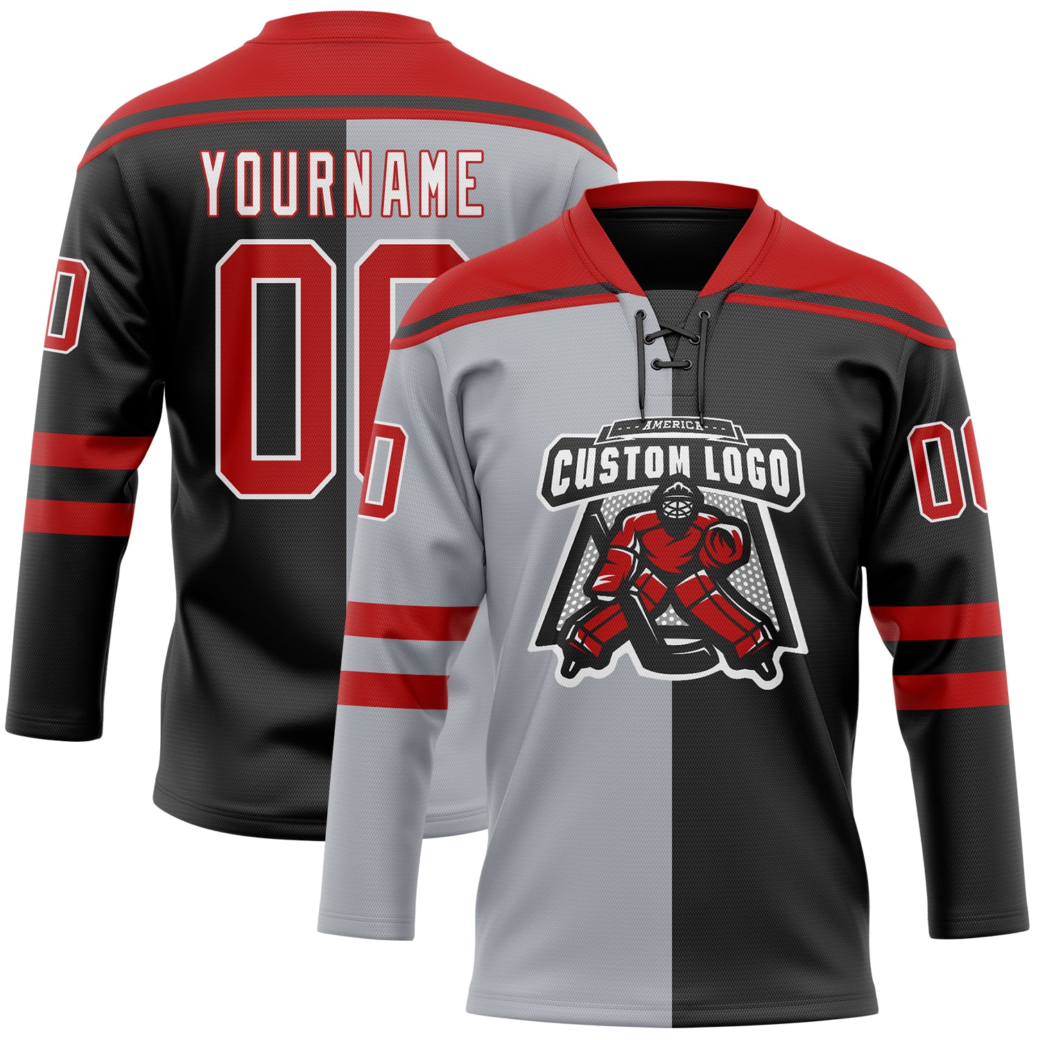 Custom Black Red Gray-White Split Fashion Hockey Lace Neck Jersey