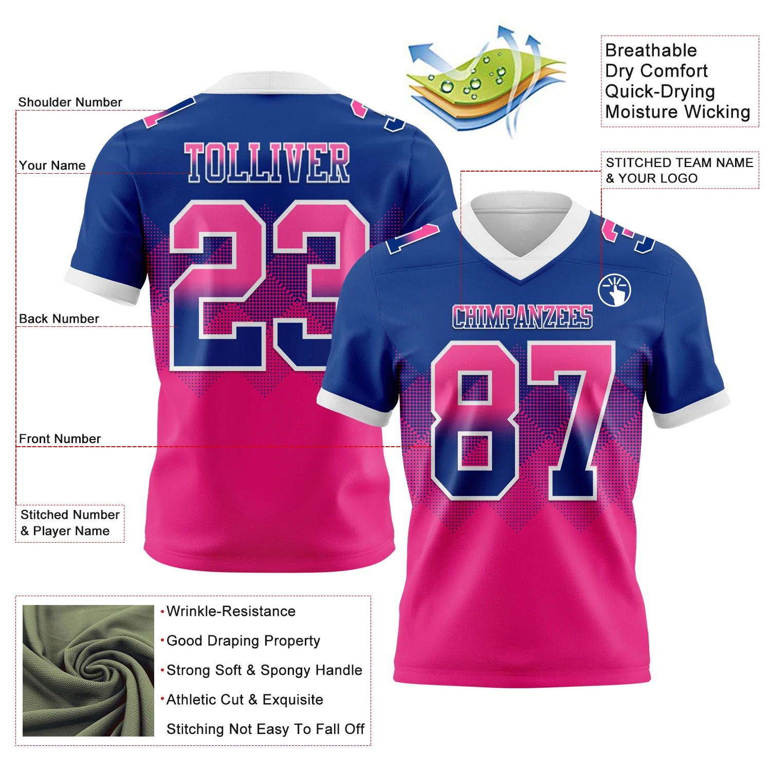 Custom Royal Hot Pink-White Authentic Gradient Square Shape Flag Football Jersey