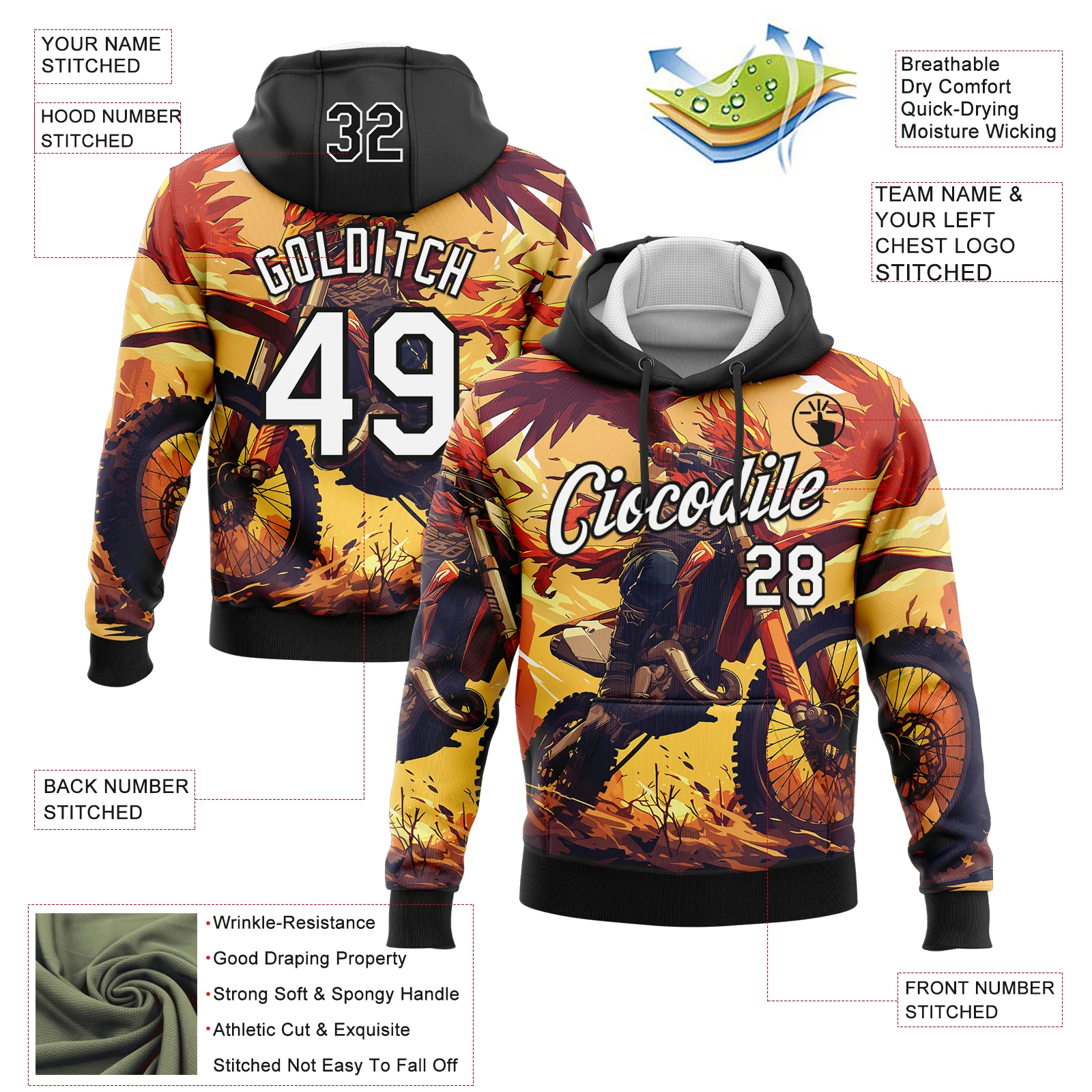 Custom Stitched Yellow White-Black 3D Pattern Design Motorcycle Motocross Racing Sports Pullover Sweatshirt Hoodie