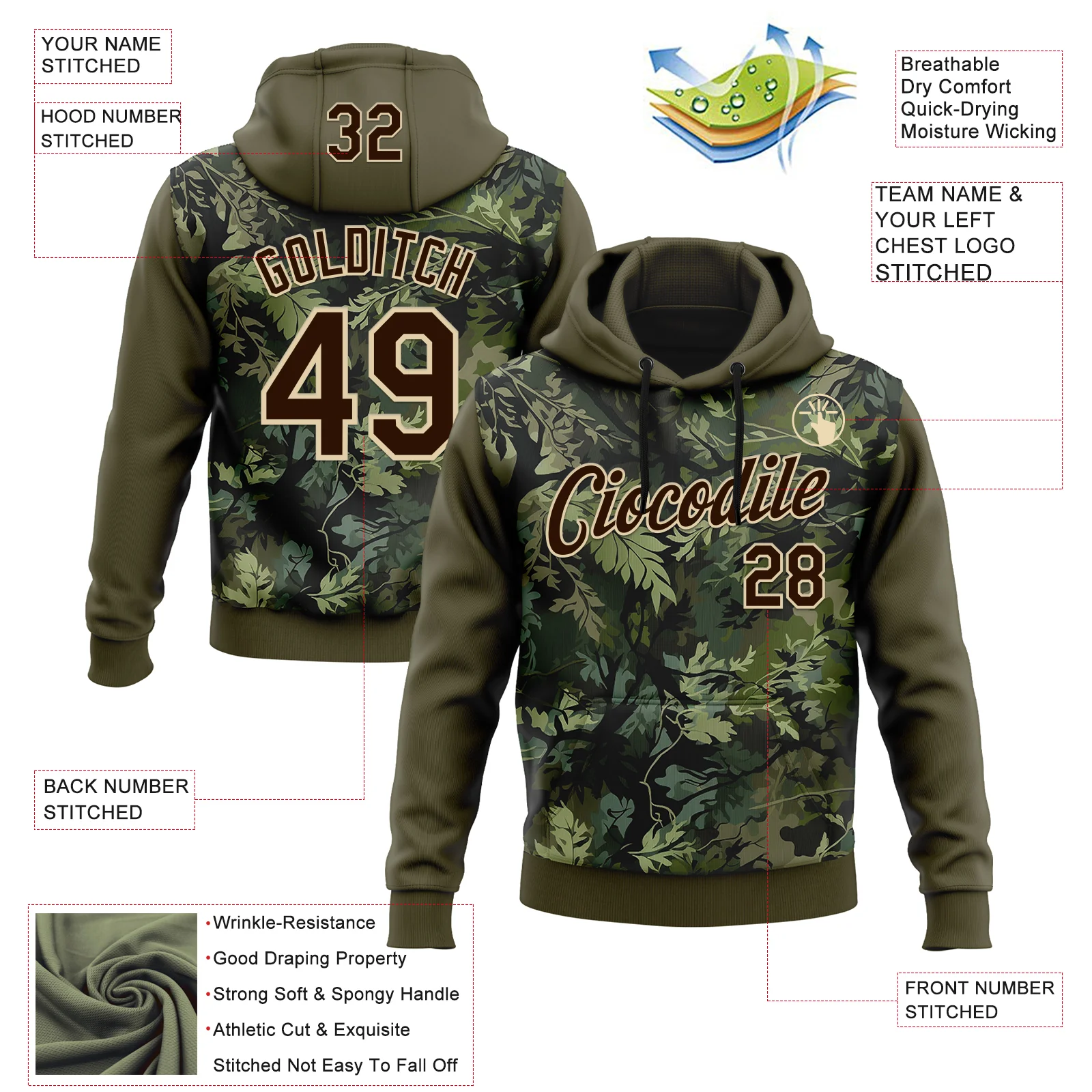 Custom Stitched Olive Brown-Cream 3D Pattern Design Tree Camo Hunting Sports Pullover Sweatshirt Salute To Service Hoodie