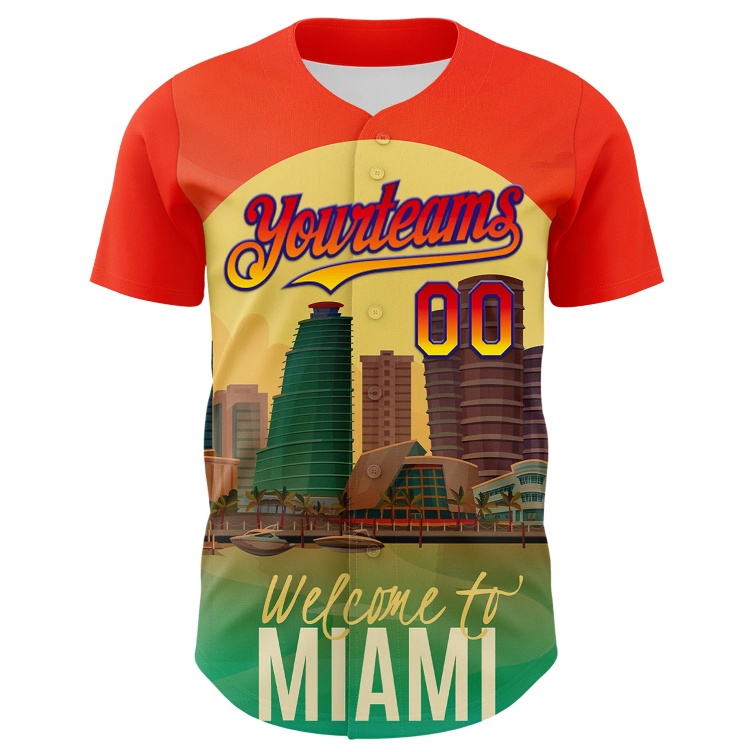 Custom Orange Green Yellow-Dark Purple 3D Pattern Design Gradient Miami Cityscape Sunset Authentic Baseball Jersey