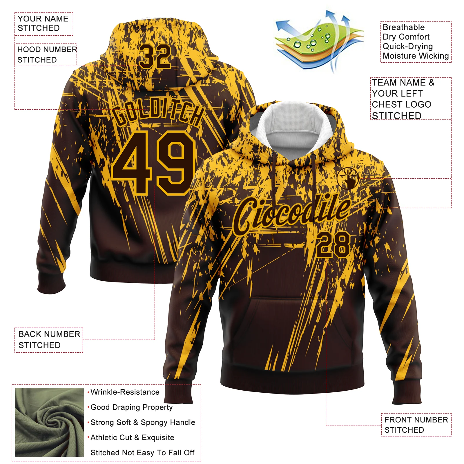 Custom Stitched Brown Gold 3D Pattern Design Splash Grunge Art Sports Pullover Sweatshirt Hoodie