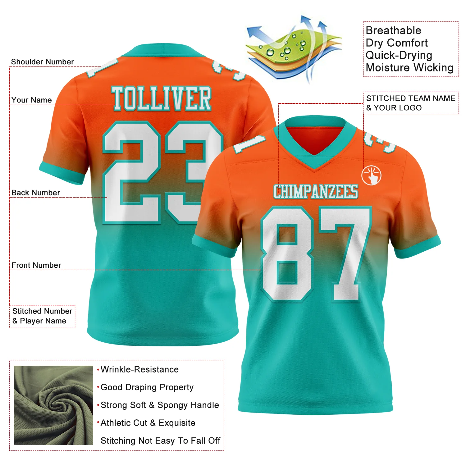 Custom Orange White-Aqua Authentic Fade Fashion Football Jersey