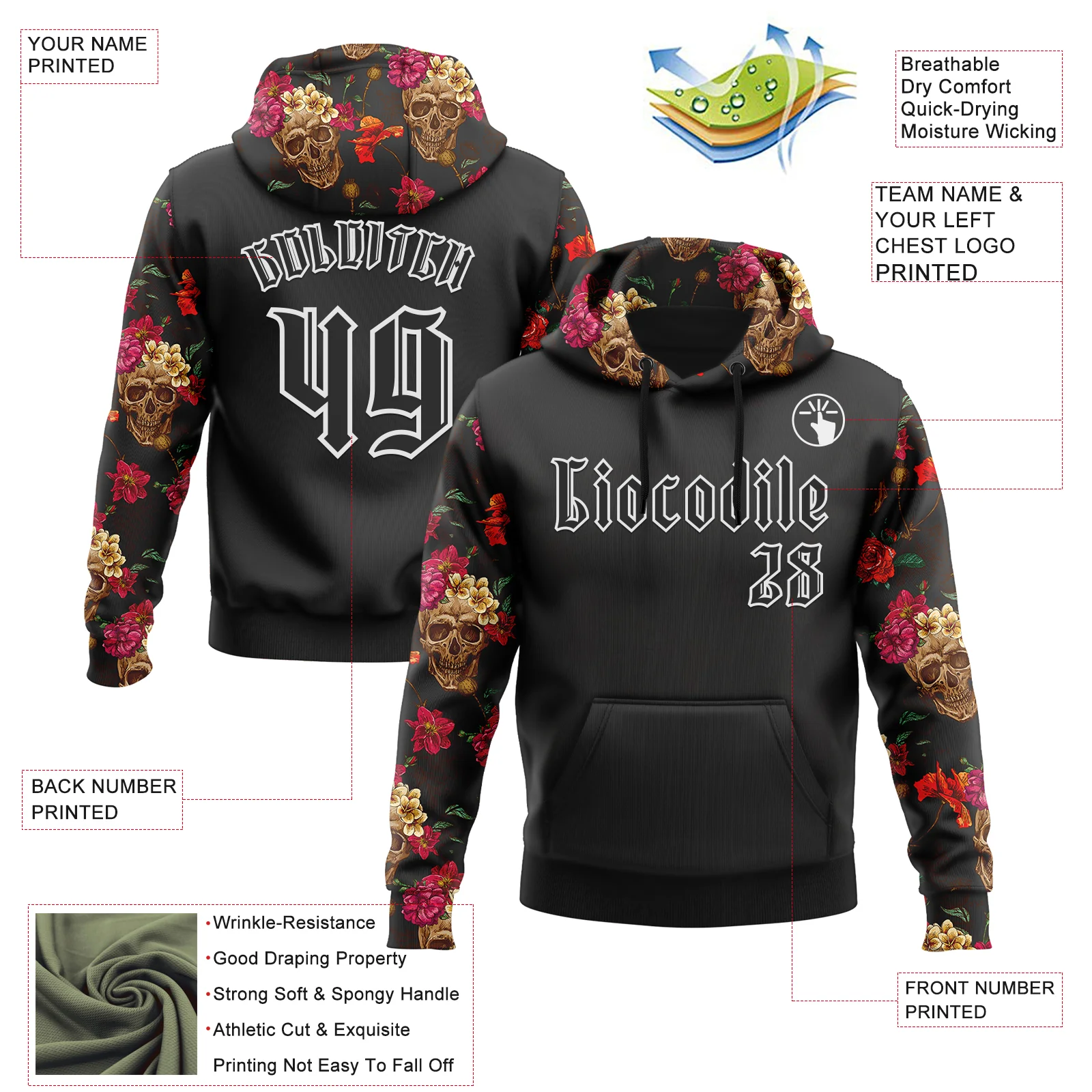 Custom Black White 3D Skull Roses Gothic Floral Vintage Sports Pullover Sweatshirt Hoodie