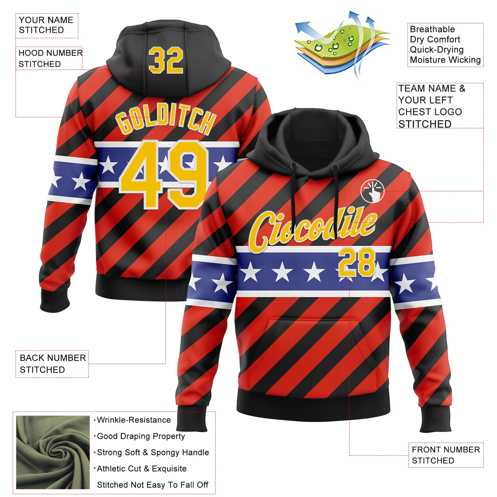 Custom Stitched Black Yellow Red Blue-White 3D Pattern Design American Flag Inspire Patriotic Sportswear Pullover Sweatshirt Hoodie