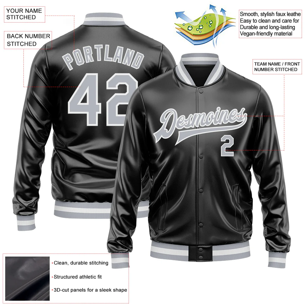 Custom Black Gray-White Bomber Full-Snap Varsity Faux Leather Letterman Jacket