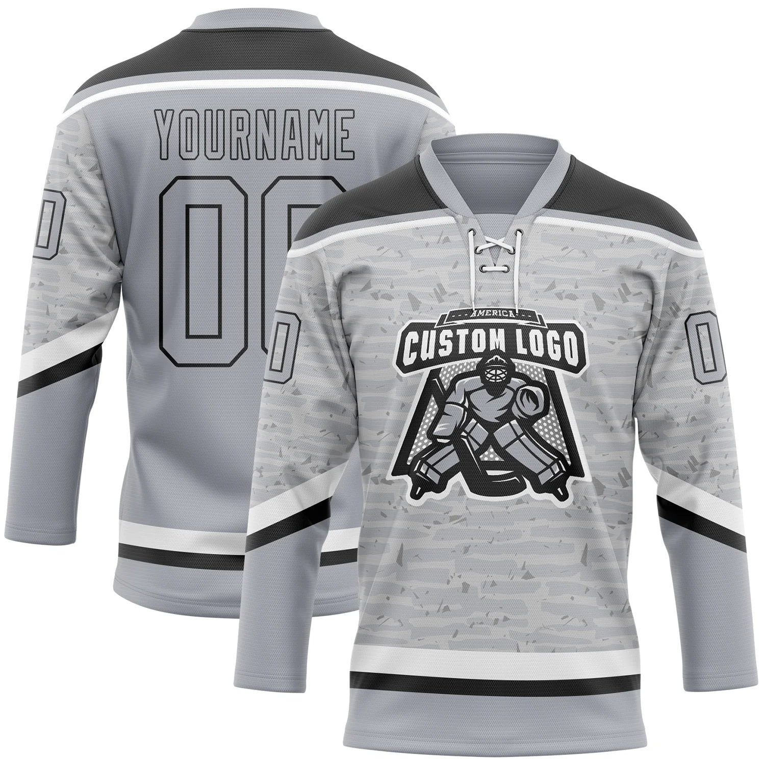 Custom Gray Black-White 3D Pattern Fragment Art Hockey Lace Neck Jersey