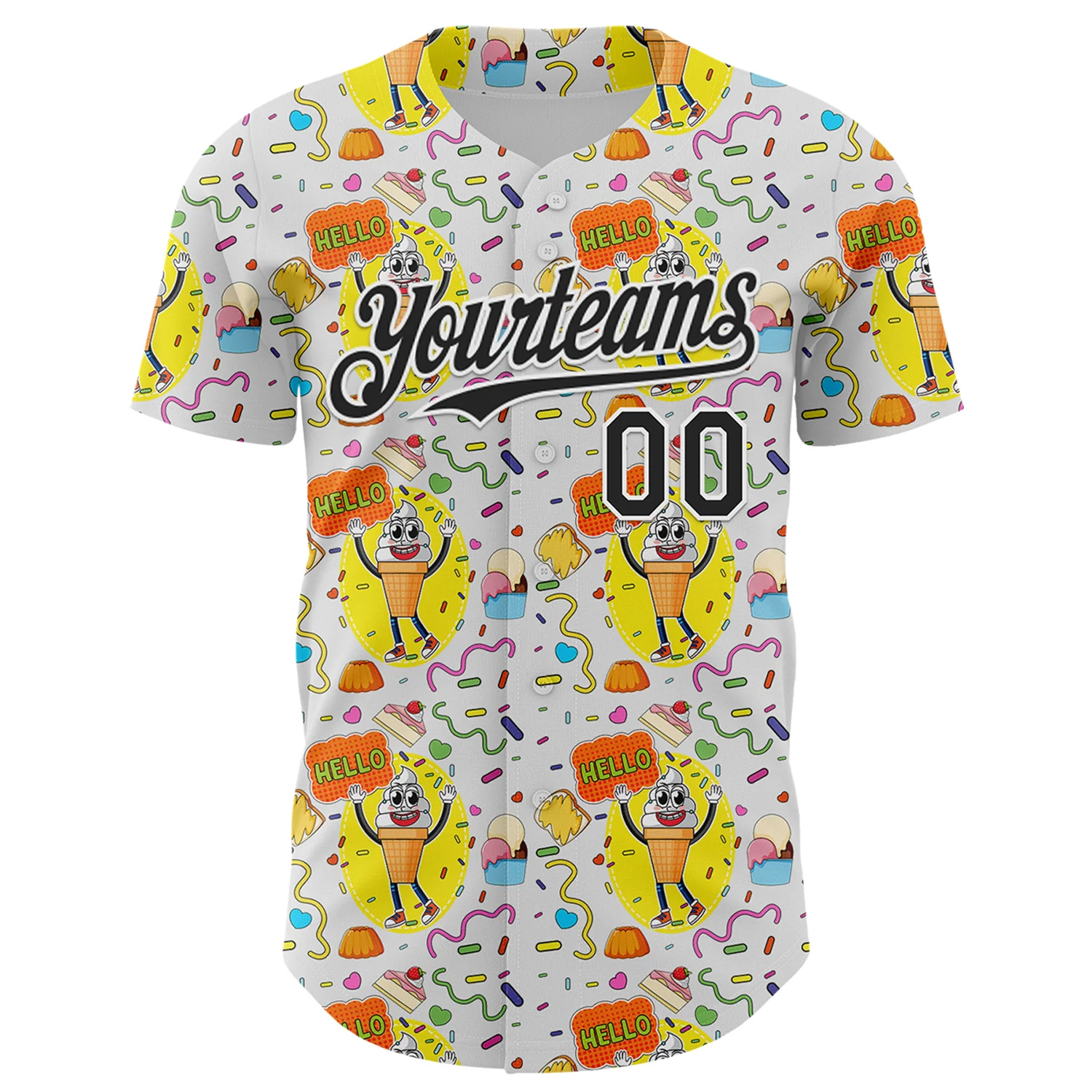 Custom White Black 3D Pattern Design Funny Cartoon Food Dessert Ice Ceam Authentic Baseball Jersey