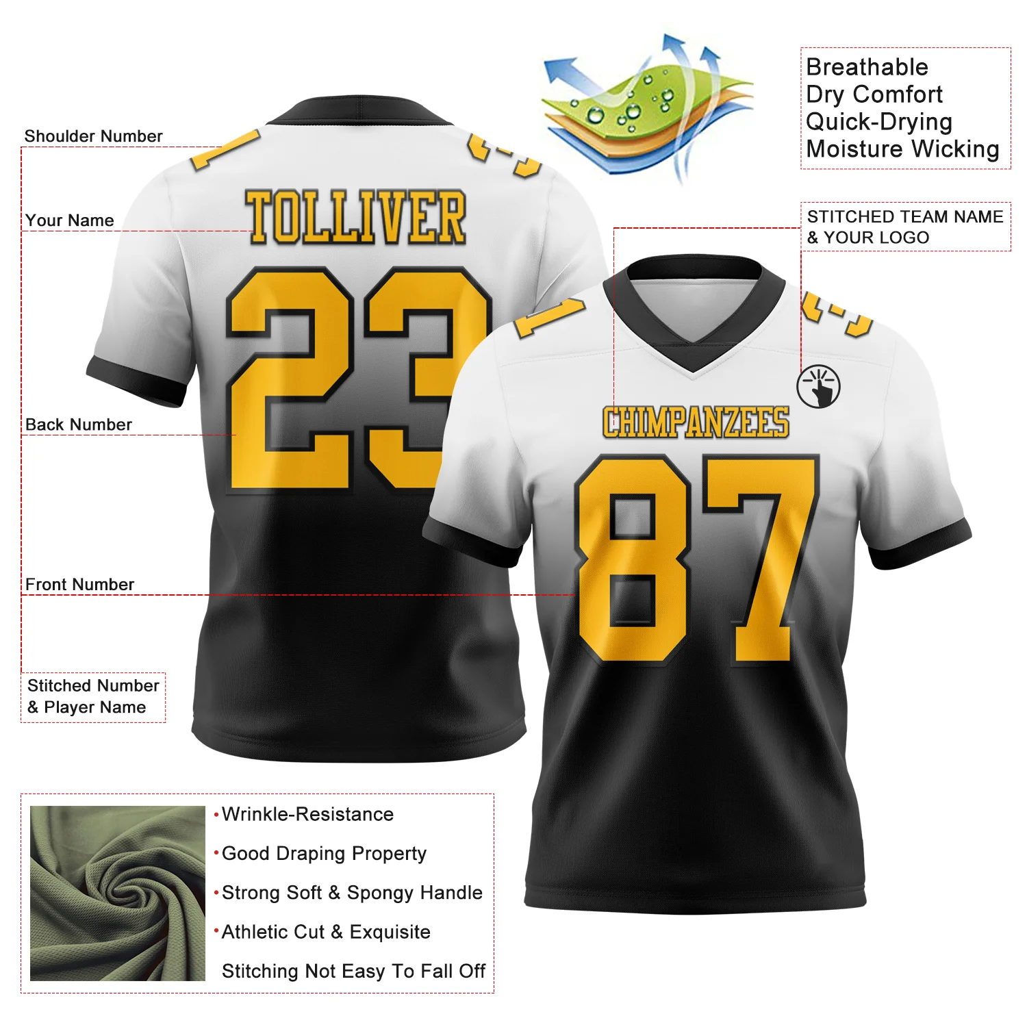 Custom White Gold-Black Authentic Fade Fashion Football Jersey