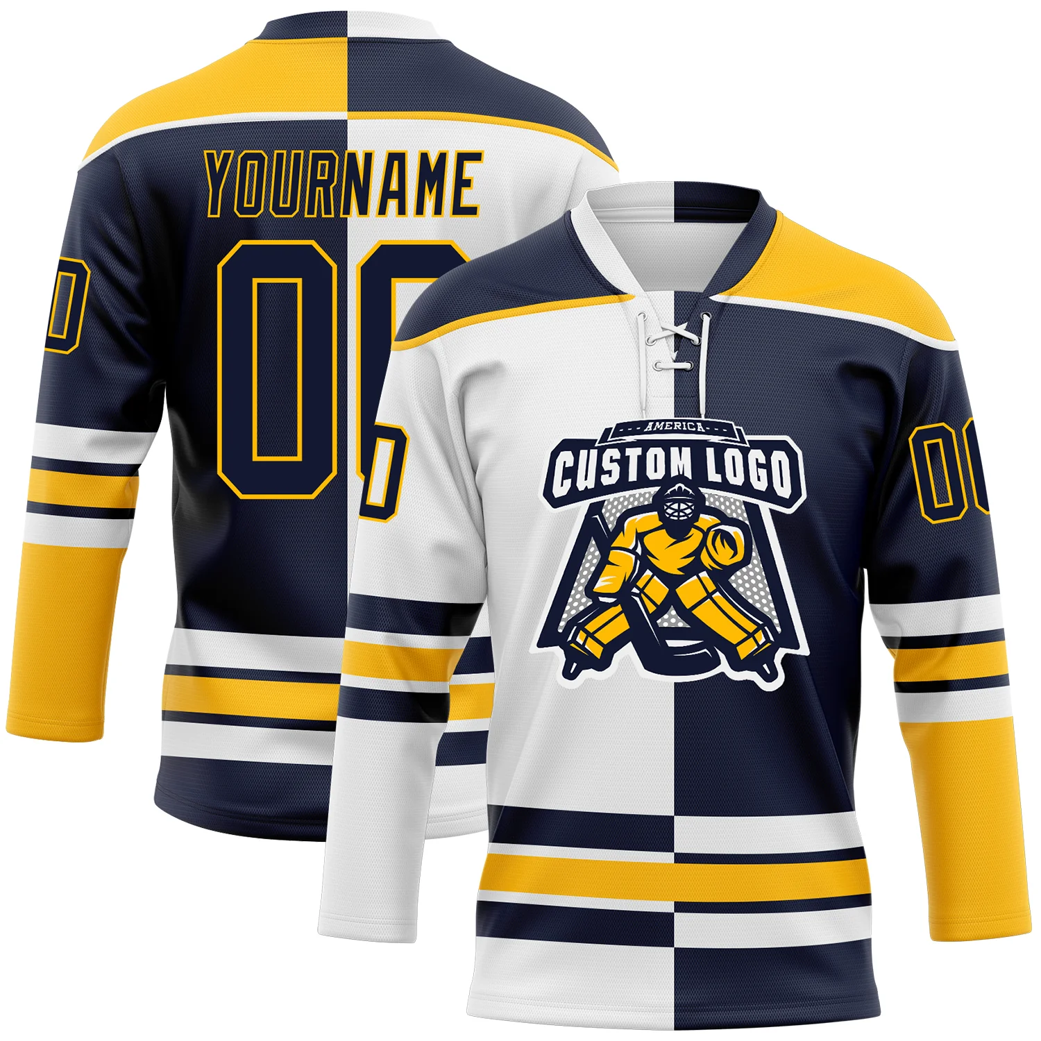 Custom Navy Gold-White Split Fashion Hockey Lace Neck Jersey