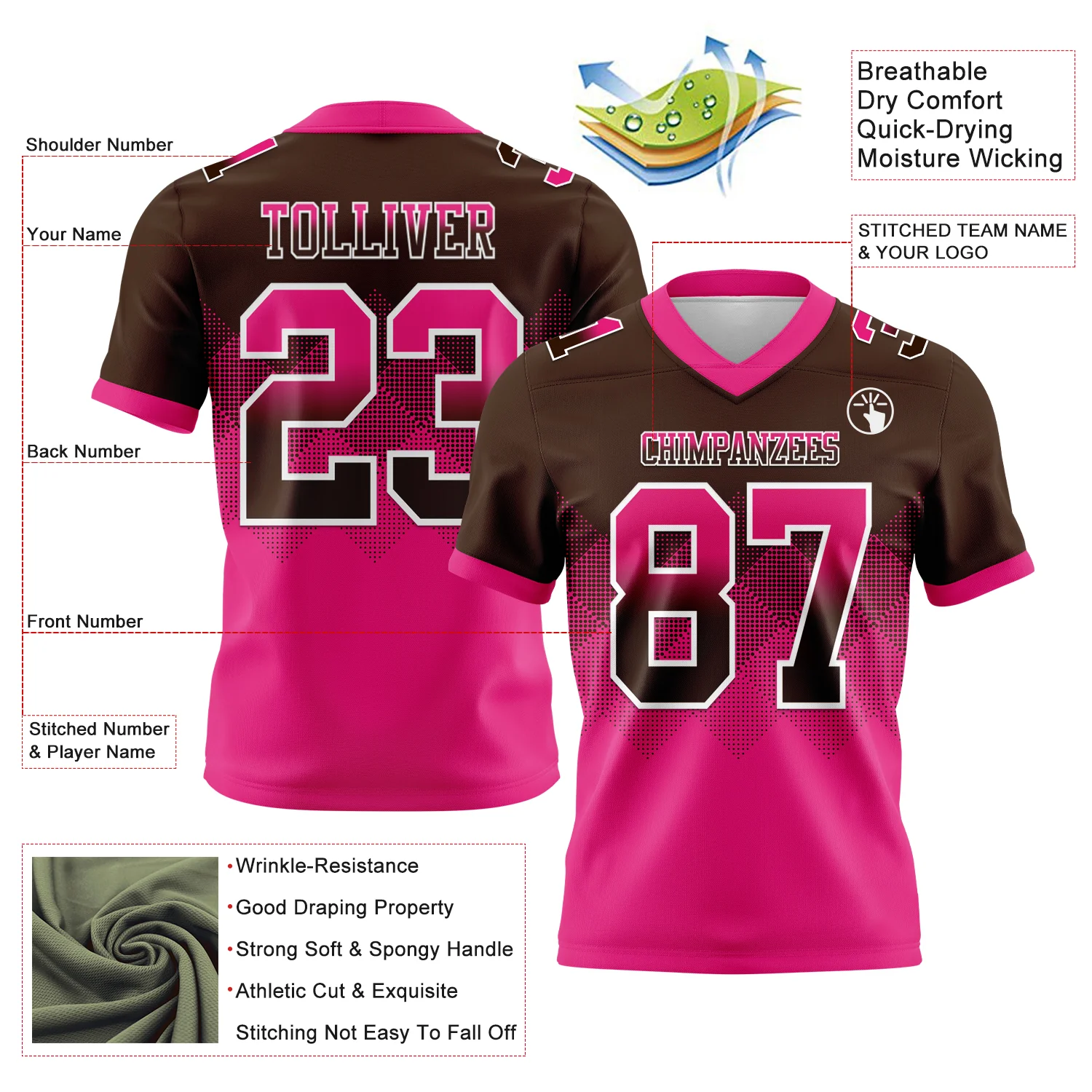 Custom Brown Hot Pink-White Authentic Gradient Square Shape Flag Football Jersey