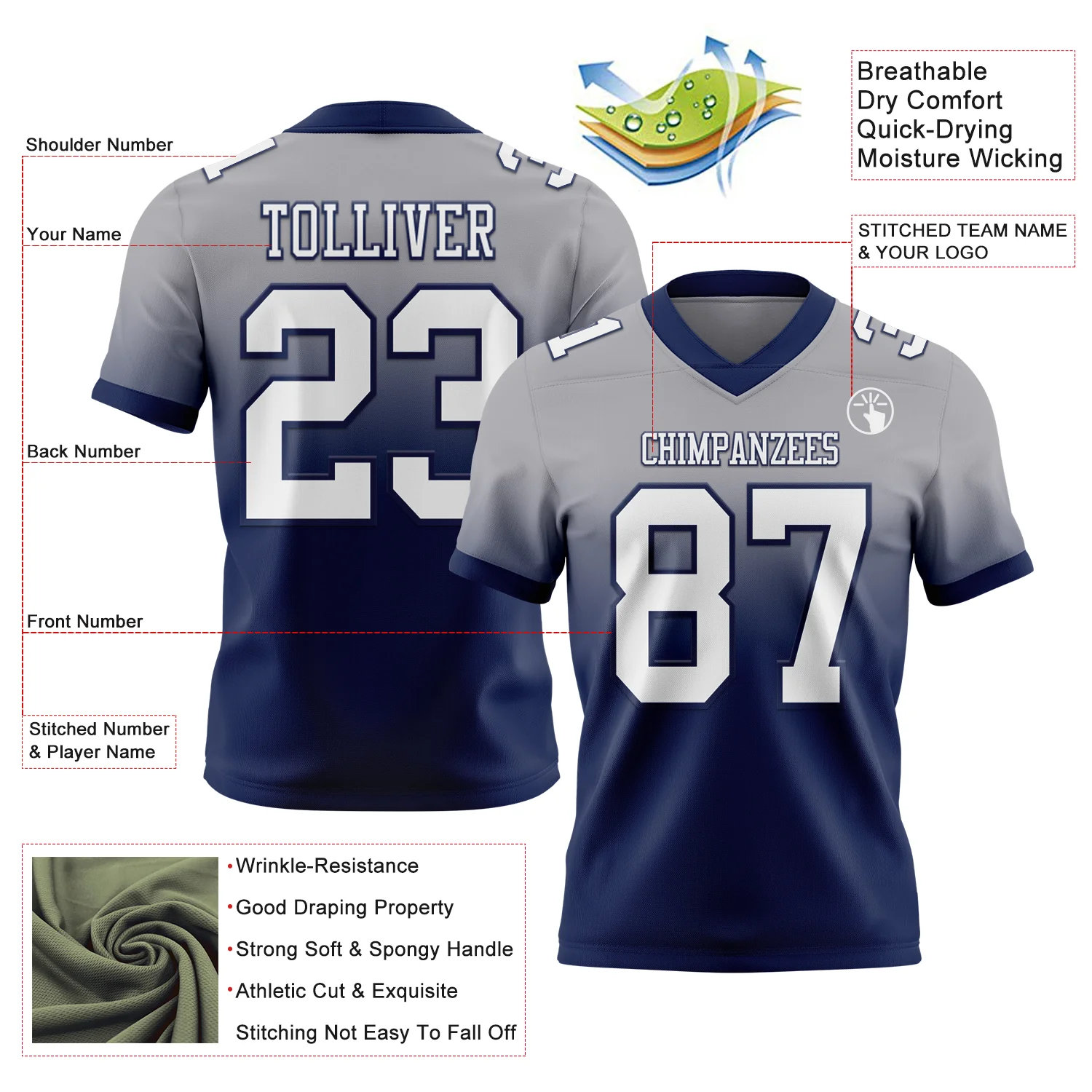 Custom Gray White-Navy Authentic Fade Fashion Football Jersey