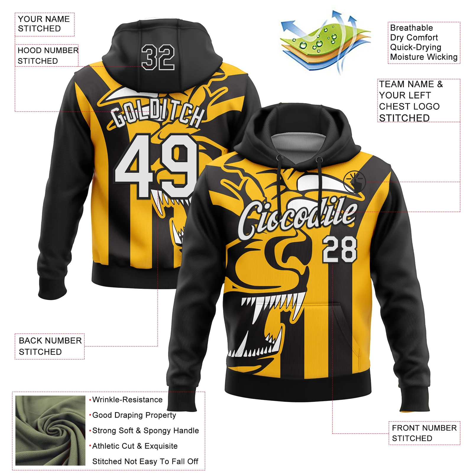 Custom Stitched Black White-Gold 3D Pattern Design Animal Sports Pullover Sweatshirt Hoodie