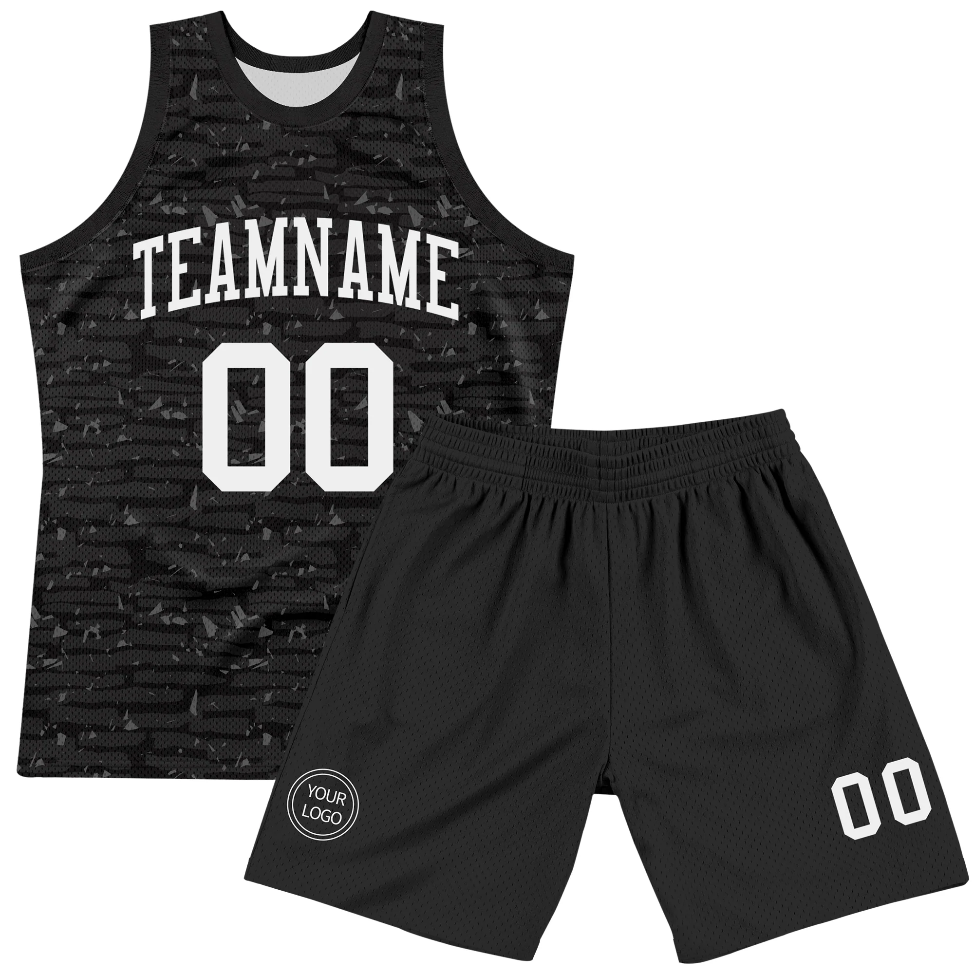 Custom Black White Fragment Art Round Neck Sublimation Basketball Suit Jersey