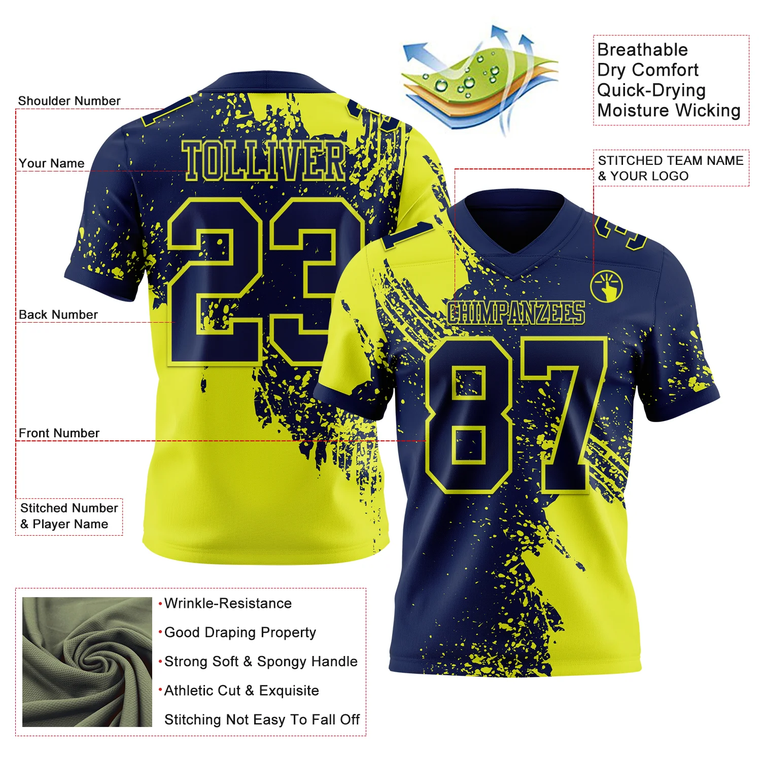 Custom Navy Neon Yellow 3D Pattern Abstract Brush Stroke Authentic Football Jersey