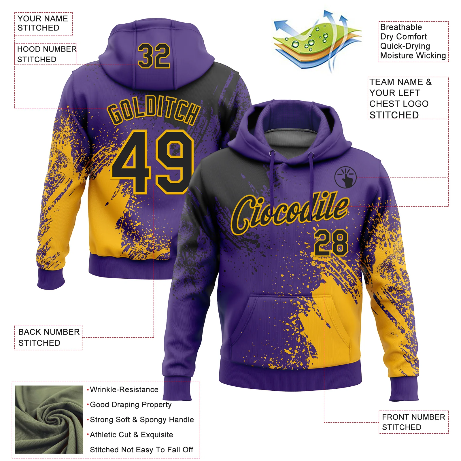 Custom Stitched Purple Black-Gold 3D Pattern Design Abstract Brush Stroke Sports Pullover Sweatshirt Hoodie