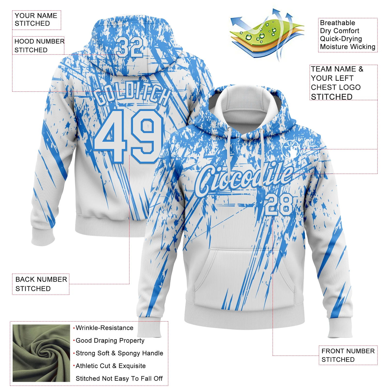 Custom Stitched White Powder Blue 3D Pattern Design Splash Grunge Art Sports Pullover Sweatshirt Hoodie