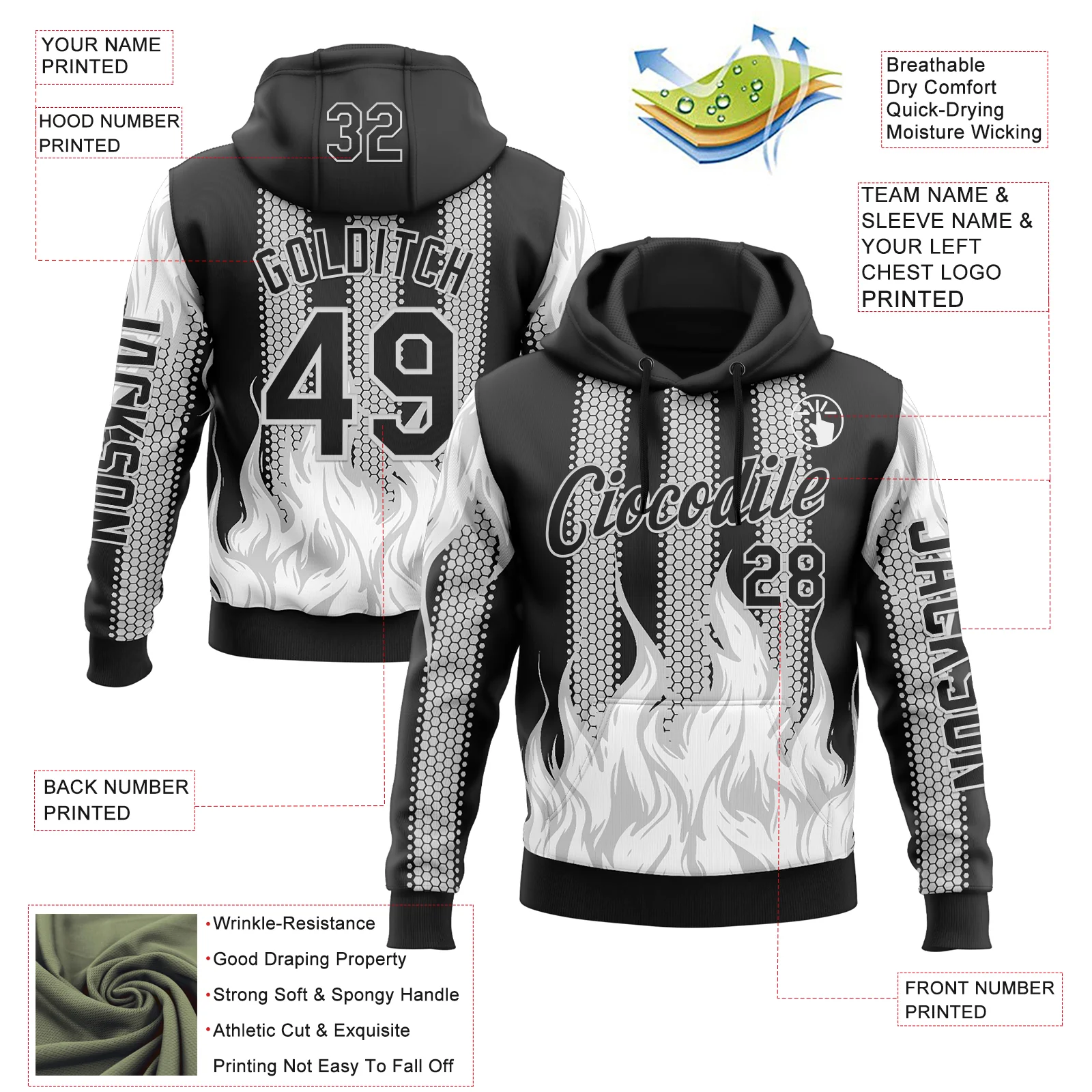 Custom Black White 3D Abstract Flame Sports Pullover Sweatshirt Hoodie