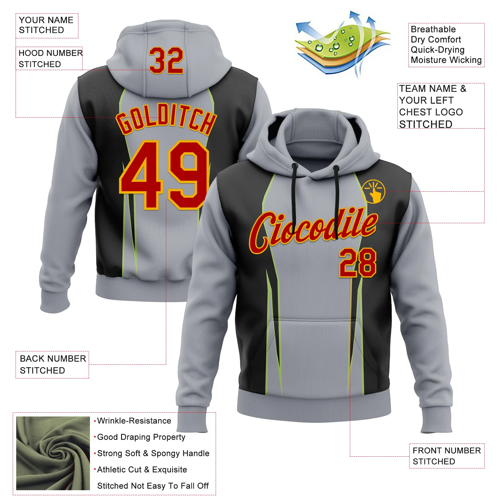 Custom Stitched Gray Red Black Green-Gold 3D Pattern Design Sportswear Pullover Sweatshirt Hoodie