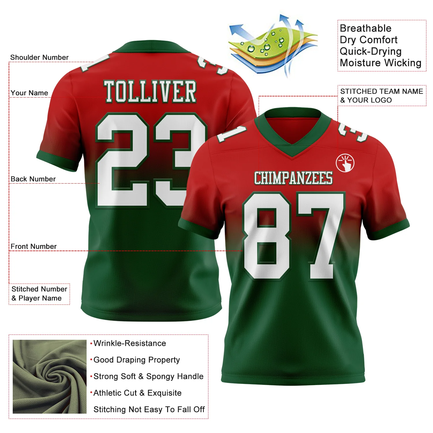 Custom Red White-Green Authentic Fade Fashion Football Jersey