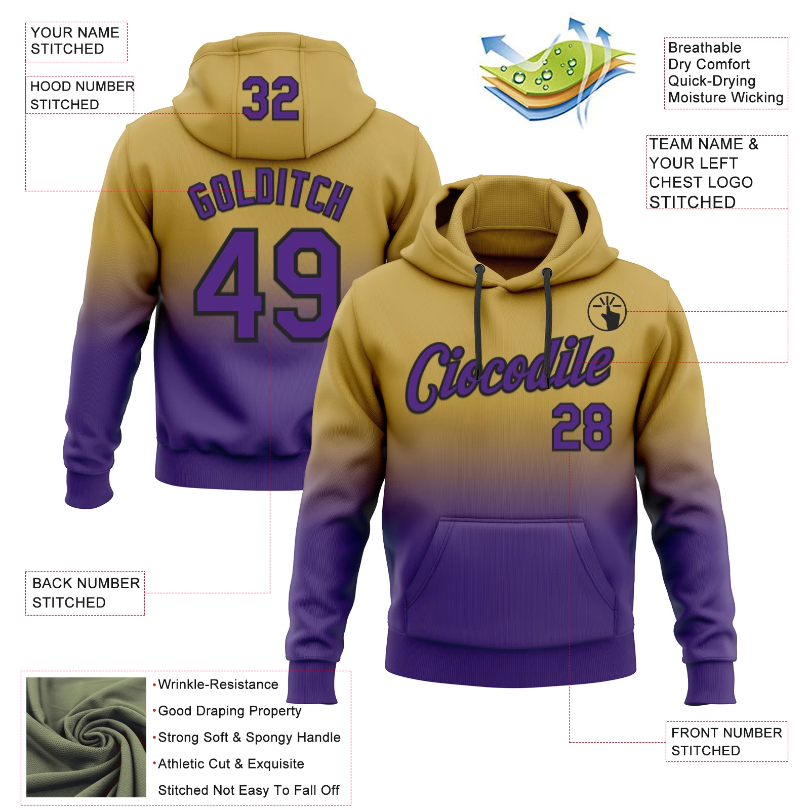 Custom Stitched Old Gold Purple-Black Fade Fashion Sports Pullover Sweatshirt Hoodie