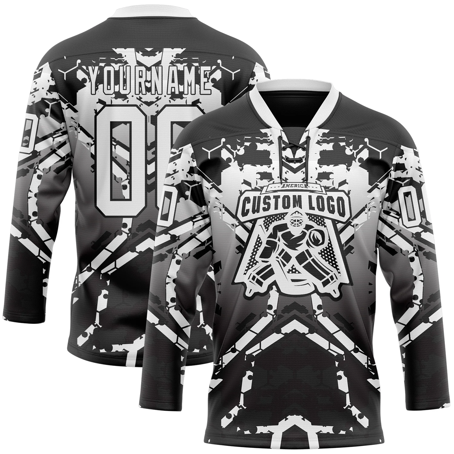 Custom Black White-Gray 3D Pattern Abstract Gradient Hockey Lace Neck Jersey