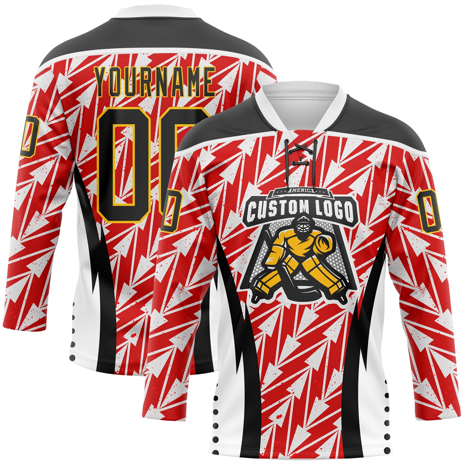 Custom White Black Red Yellow-White 3D Abstract Pattern Graphic Cyber Mecha E-sport Hockey Lace Neck Jersey