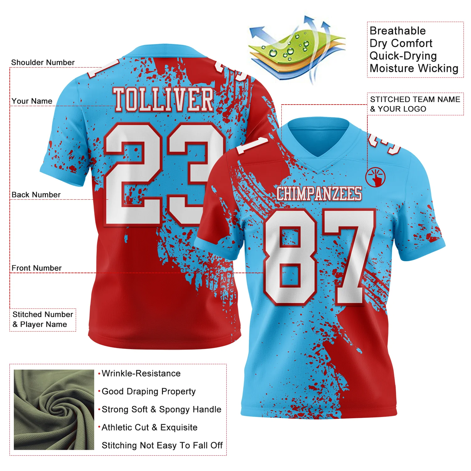 Custom Sky Blue White-Red 3D Pattern Abstract Brush Stroke Authentic Football Jersey