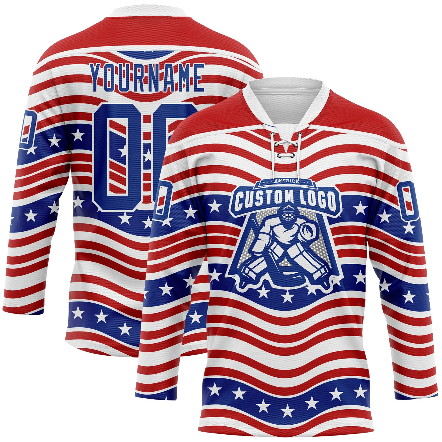 Custom White Royal-Red American Flag Hockey Lace Neck Jersey