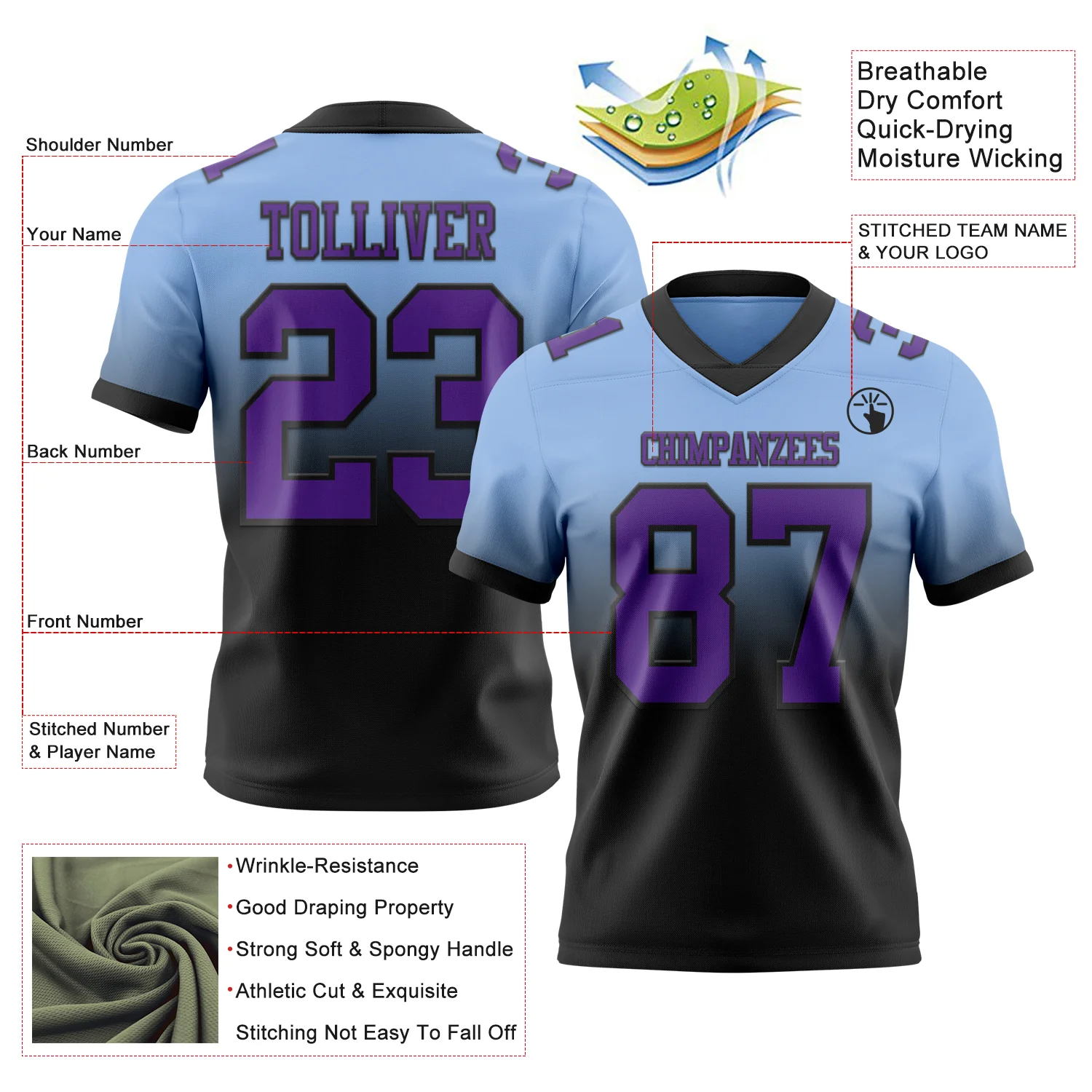 Custom Light Blue Purple-Black Authentic Fade Fashion Football Jersey