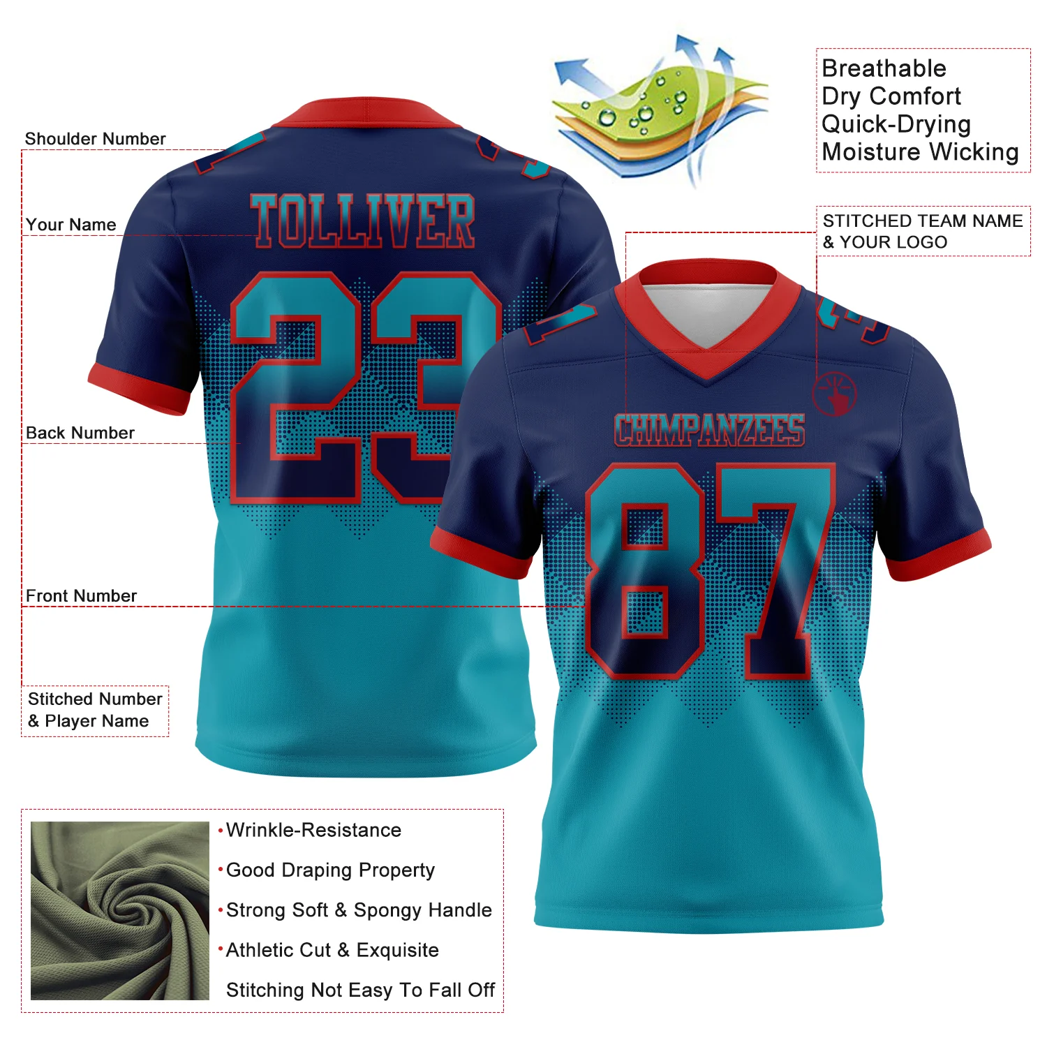 Custom Navy Teal-Red Authentic Gradient Square Shape Flag Football Jersey
