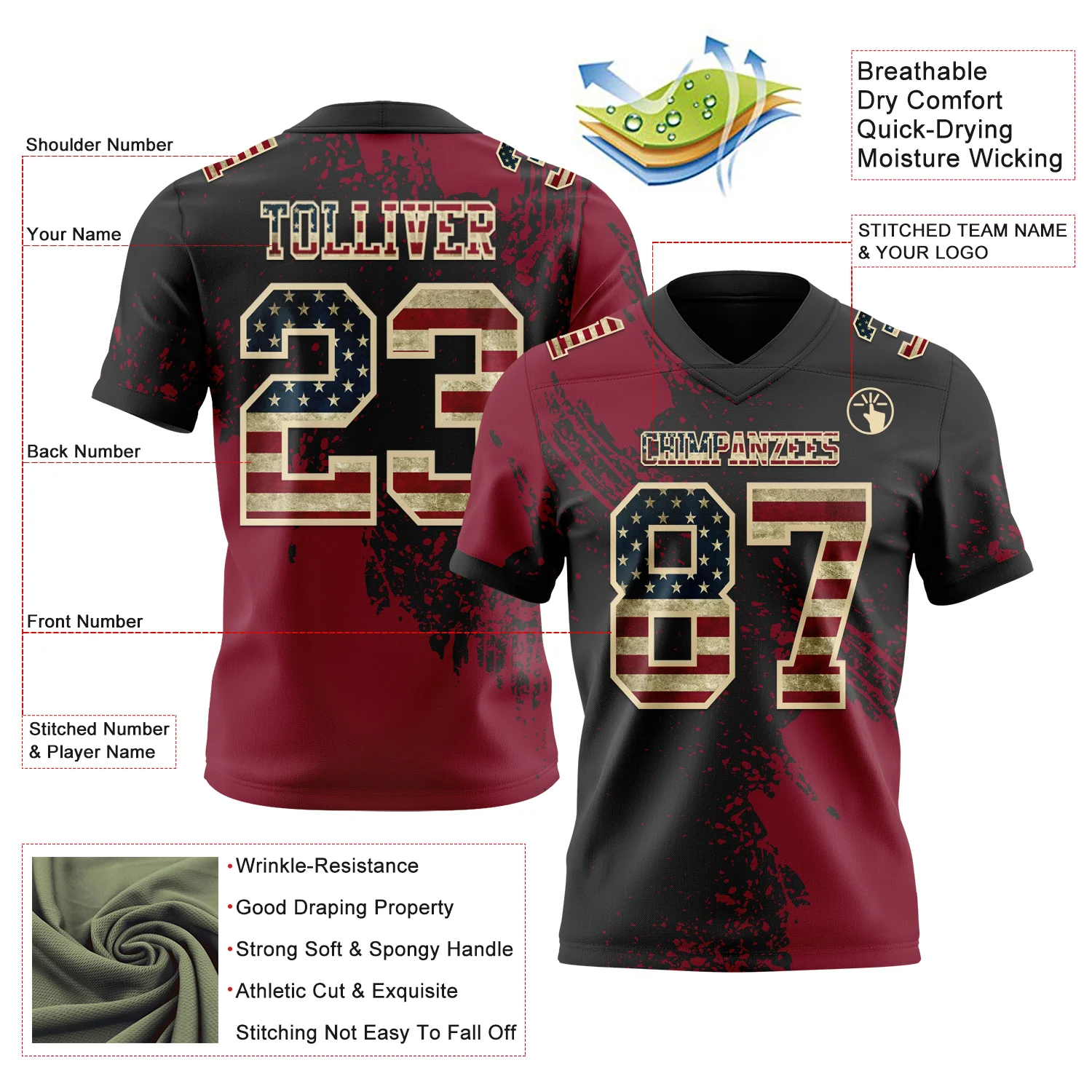 Custom Black Vintage USA Flag Crimson-Cream 3D Pattern Abstract Brush Stroke Authentic Football Jersey