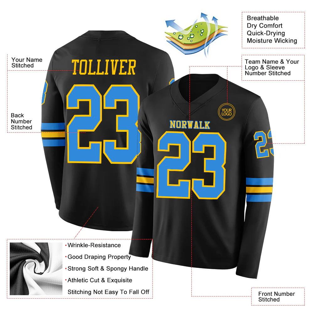 Custom Black Powder Blue-Yellow Long Sleeve Authentic Football Jersey