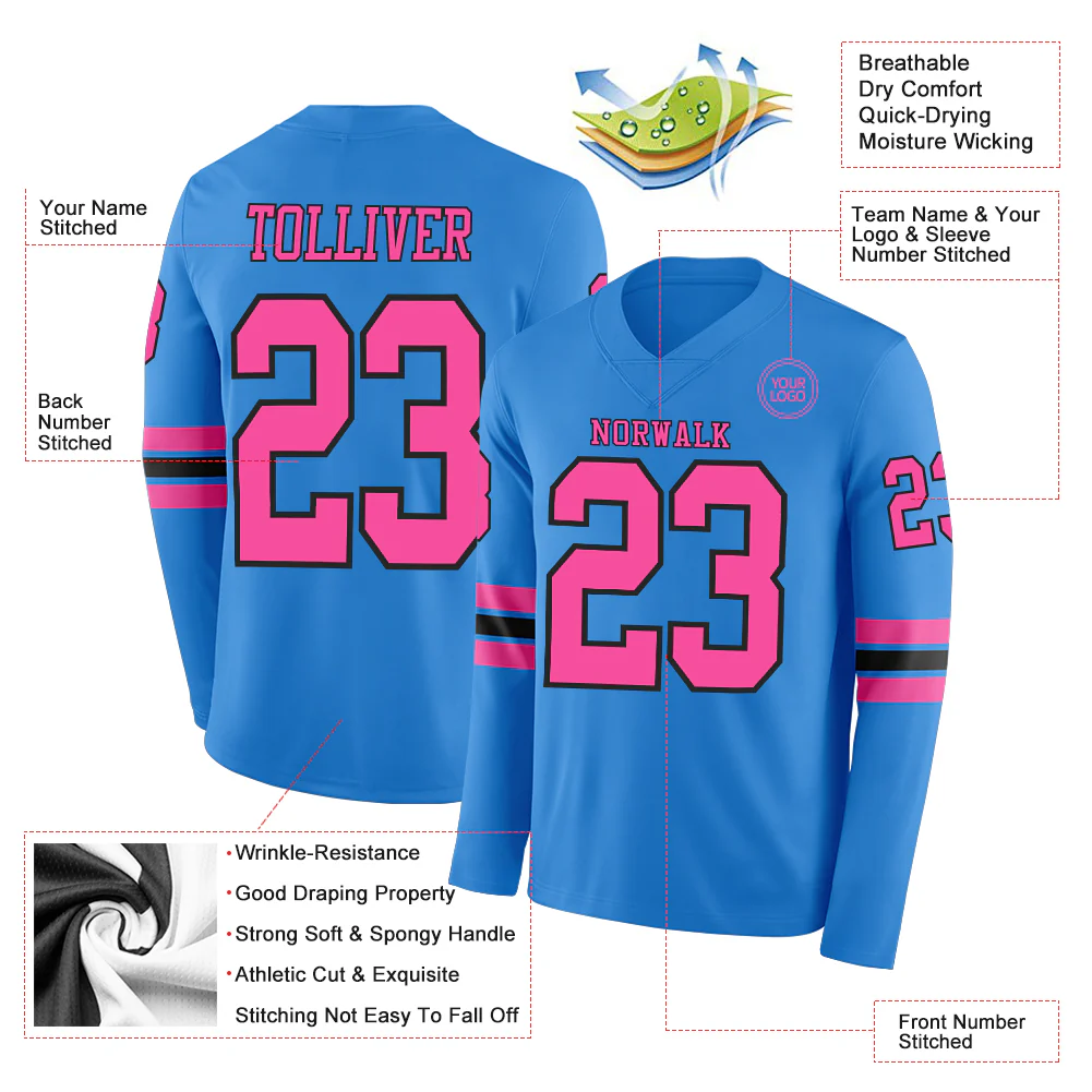 Custom Powder Blue Pink-Black Long Sleeve Authentic Football Jersey