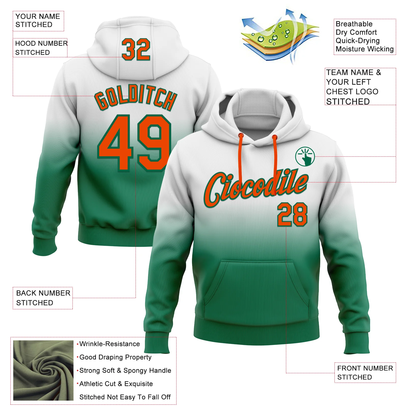 Custom Stitched White Orange-Kelly Green Fade Fashion Sports Pullover Sweatshirt Hoodie