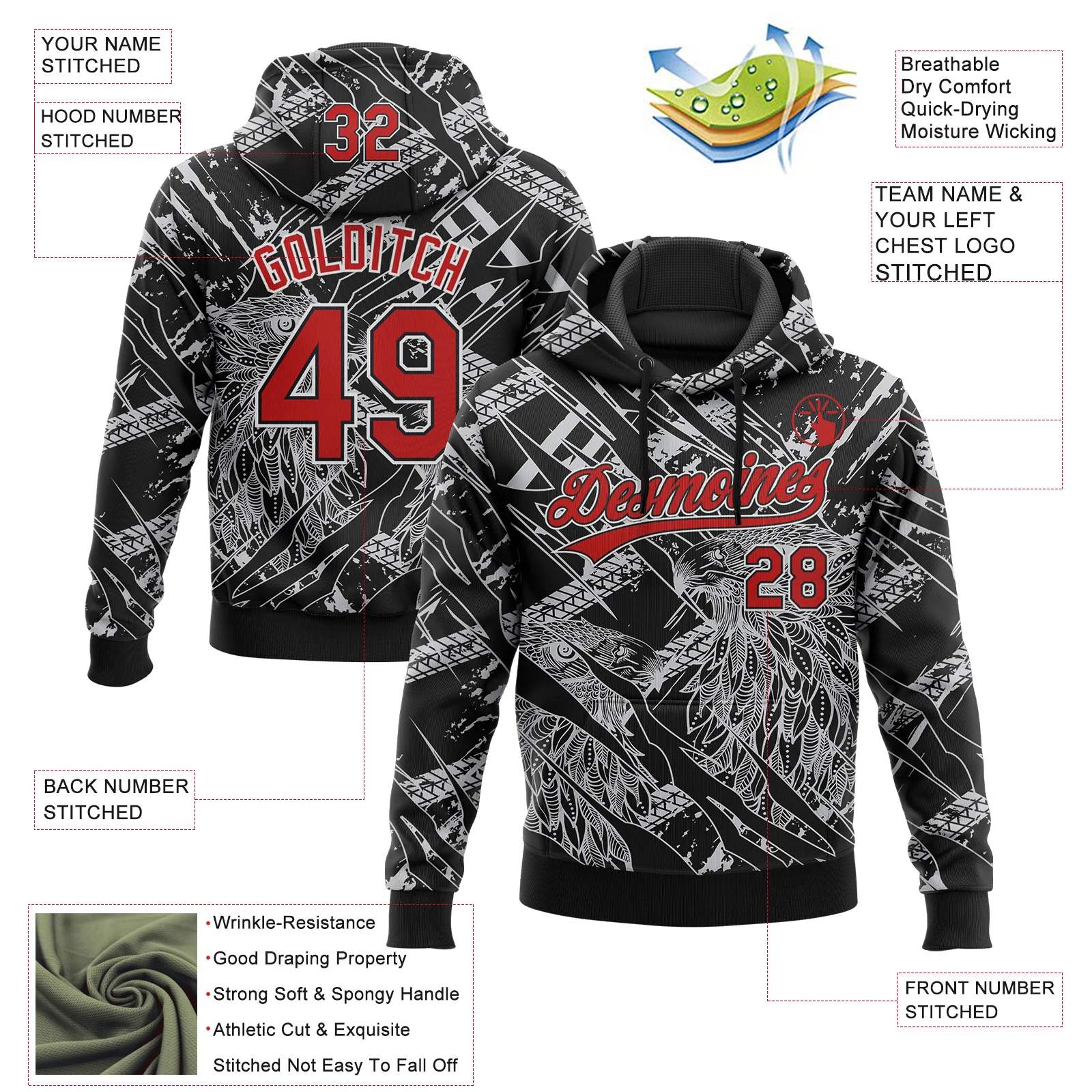 Custom Stitched Black Red Gray-White 3D Pattern Design Animal Eagle Sports Pullover Sweatshirt Hoodie