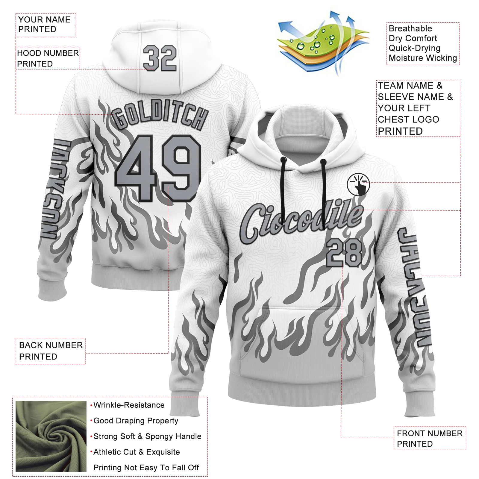 Custom White Gray-Black 3D Abstract Flame Sports Pullover Sweatshirt Hoodie