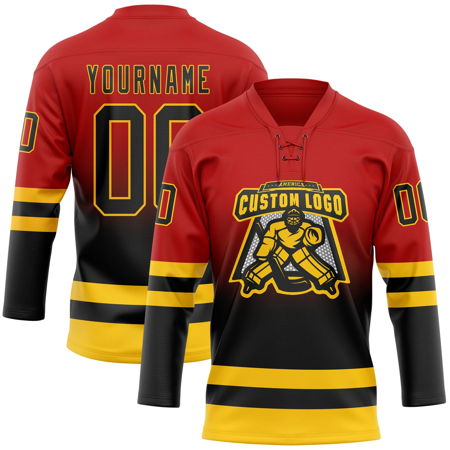 Custom Red Black-Yellow Fade Fashion Hockey Lace Neck Jersey