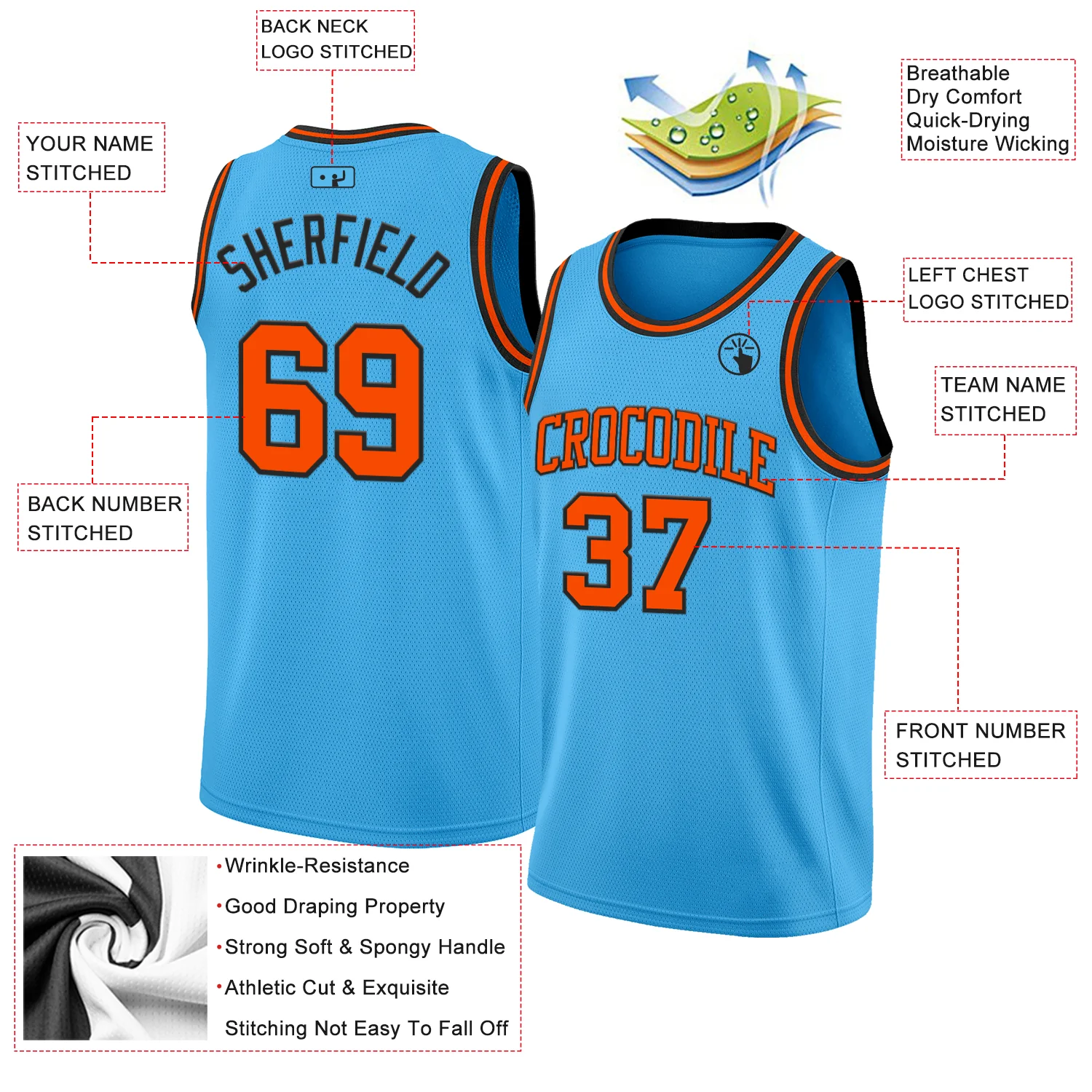 Custom Sky Blue Orange-Black Authentic Basketball Jersey